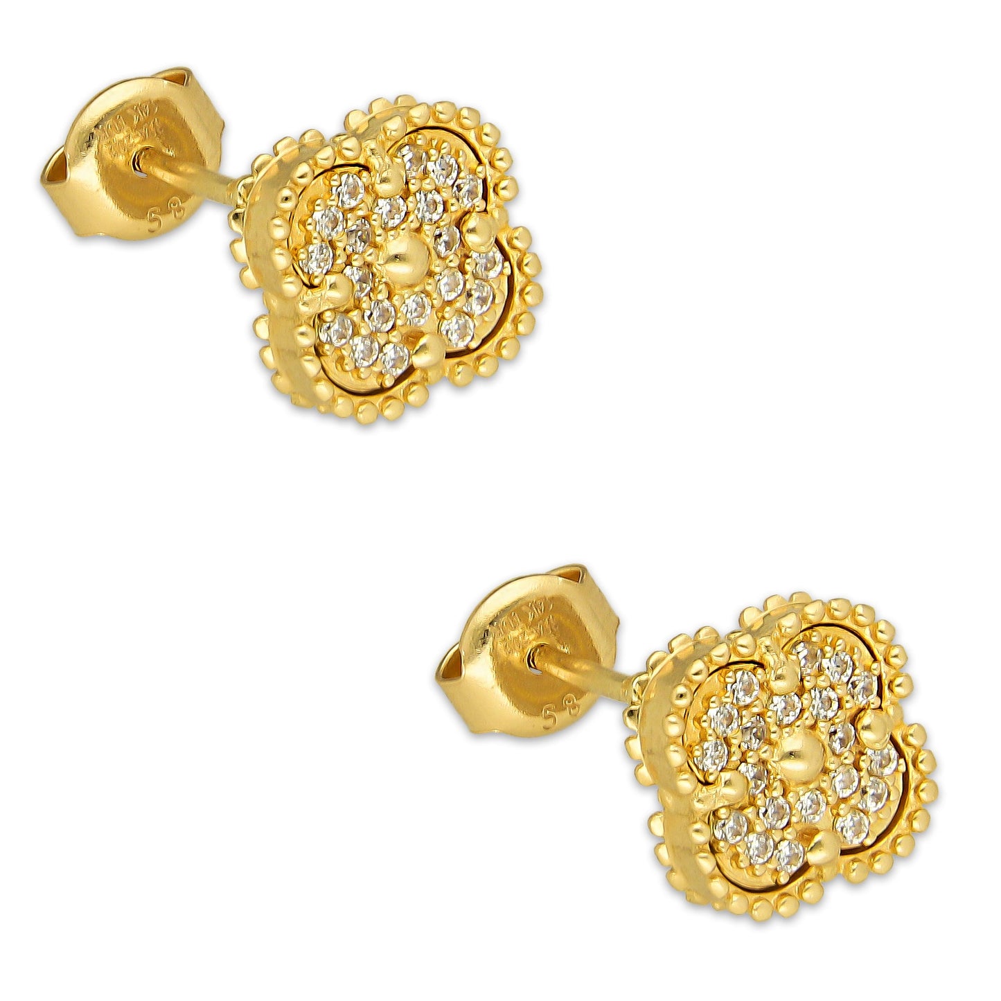 MR14AB024 Arete Broquel Oro Sólido 14K EMF14 Modelo Trébol 8 mm Dorado con Zirconias Diámetro 1.3 cm