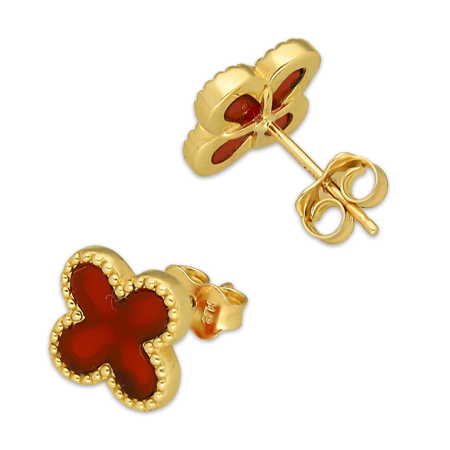 MR14AB025 Arete Broquel Oro Sólido 14K EMF14 Modelo Trébol 1.1 cm Rojo Diámetro 1.3 cm