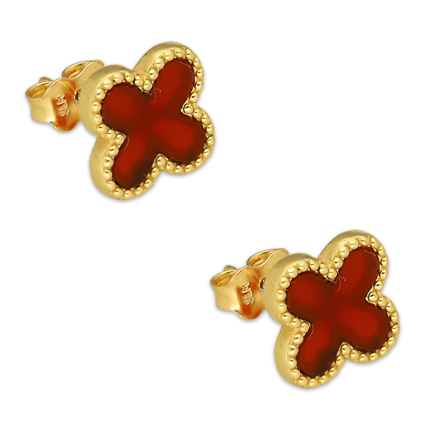 MR14AB025 Arete Broquel Oro Sólido 14K EMF14 Modelo Trébol 1.1 cm Rojo Diámetro 1.3 cm