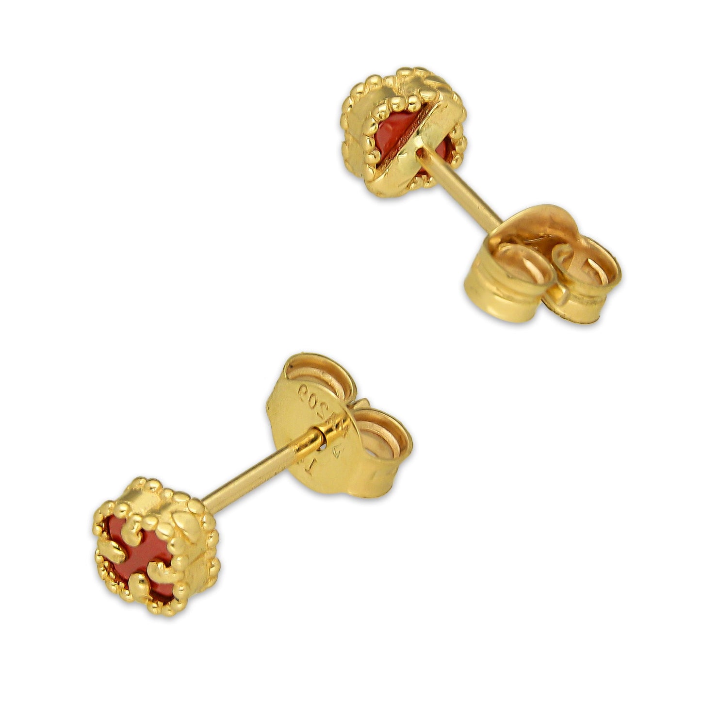 MR14AB028 Arete Broquel Oro Sólido 14K EMF14 Modelo Trébol 5 mm Rojo Diámetro 1.4 cm