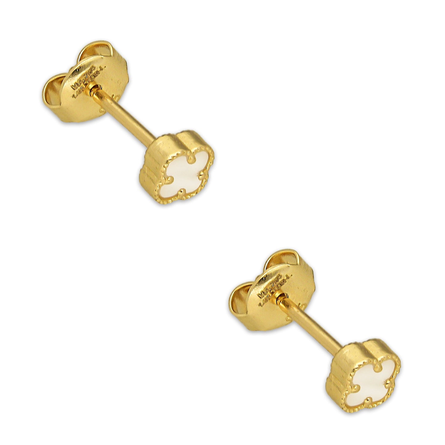 MR14AB029 Arete Broquel Oro Sólido 14K EMF14 Modelo Trébol 5 mm Blanco Diámetro 1.4 cm