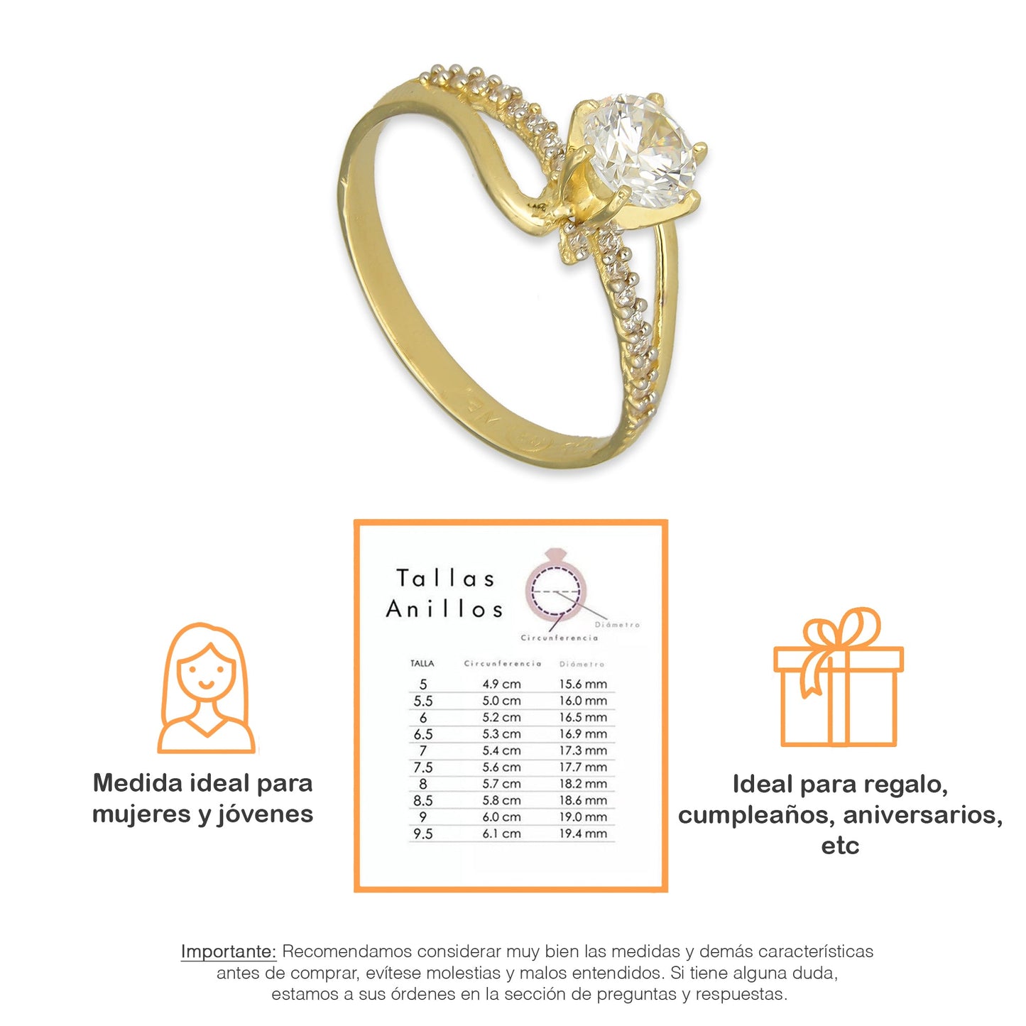 MR14AD009 Anillo Solitario Dama Oro Sólido 14K Modelo Wave Zirconia Principal 6 mm