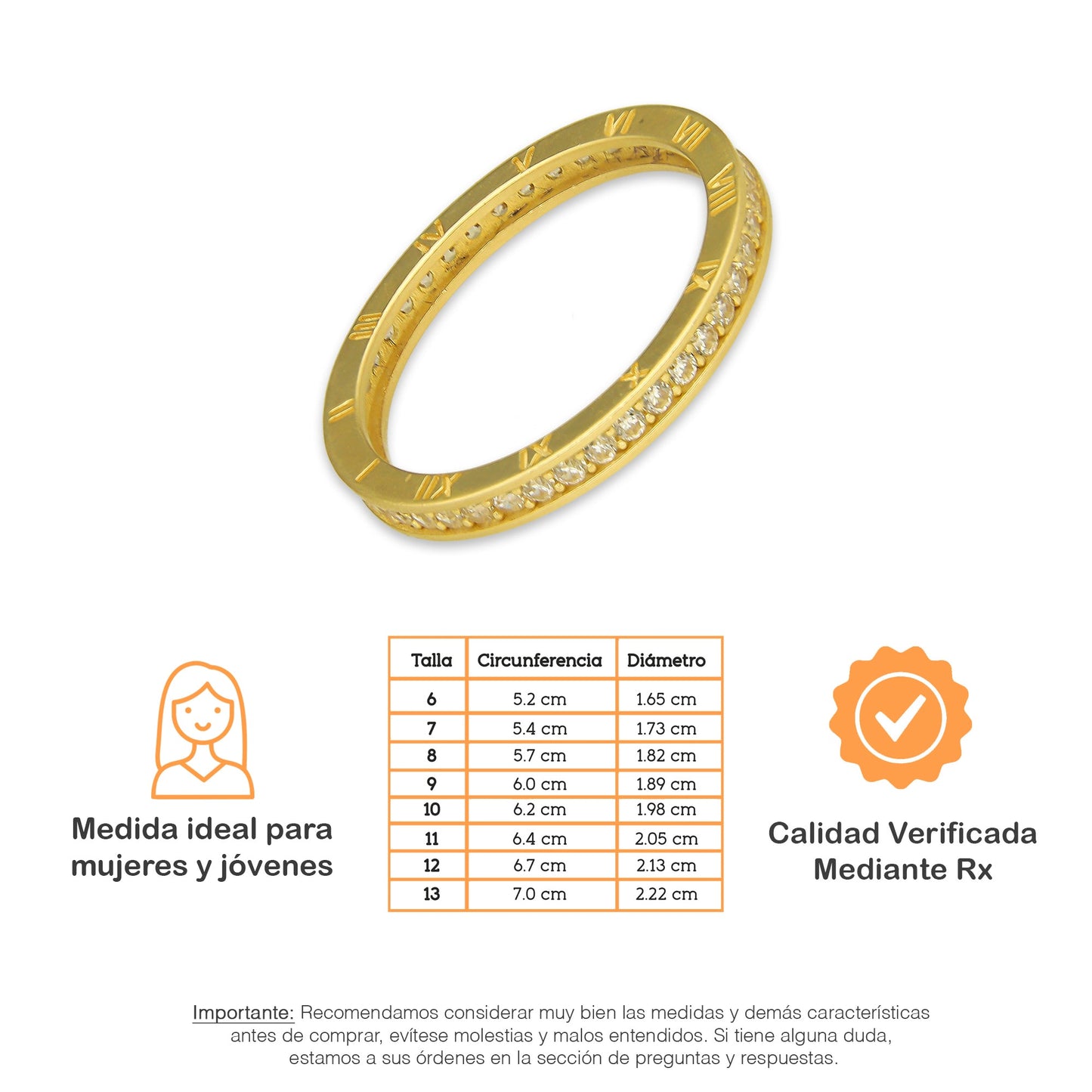 MR14AD017 Anillo Dama Oro Sólido 14K Churumbela Modelo Numeros Romanos