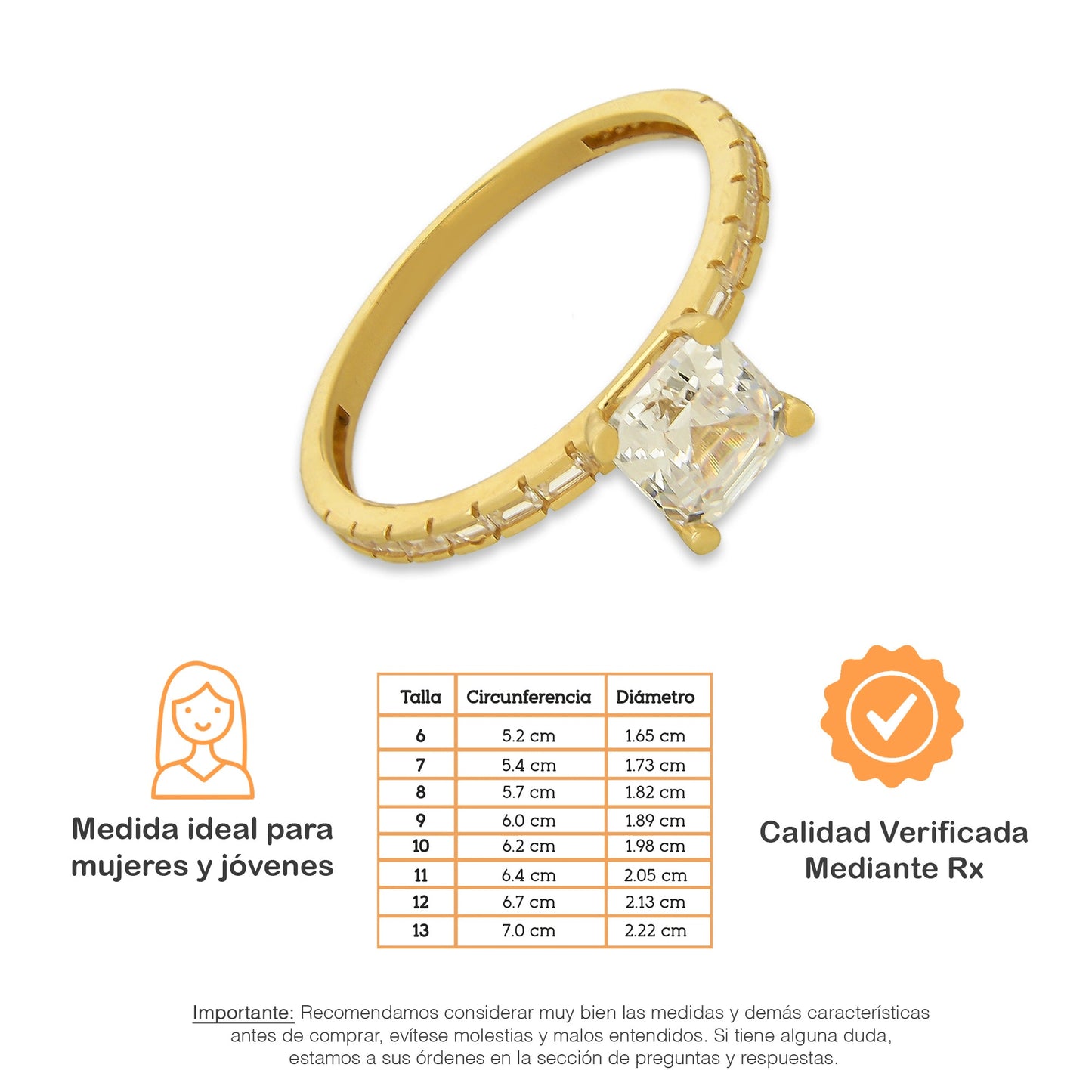 MR14AD023 Anillo Dama Solitario Oro Sólido 14K Modelo Zirconia Cuadrada 6 mm Zirconia Principal