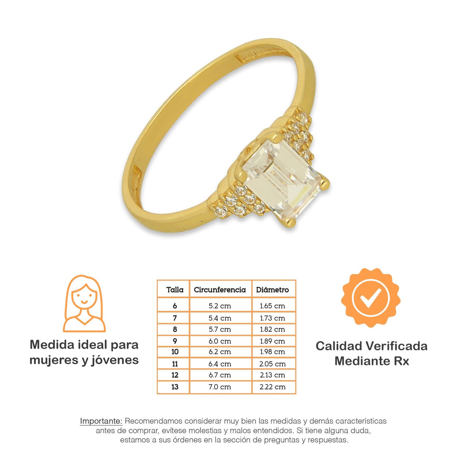 MR14AD024 Anillo Dama Solitario Oro Sólido 14K Modelo Zirconia Rectangular Escalonado 7 mm Zirconia Principal