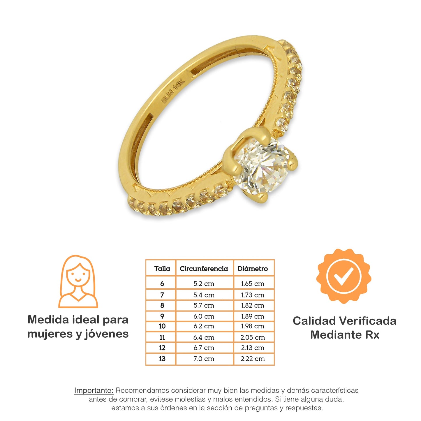 MR14AD025 Anillo Dama Solitario Oro Sólido 14K Modelo Zirconias Resaltadas 5 mm Zirconia Principal