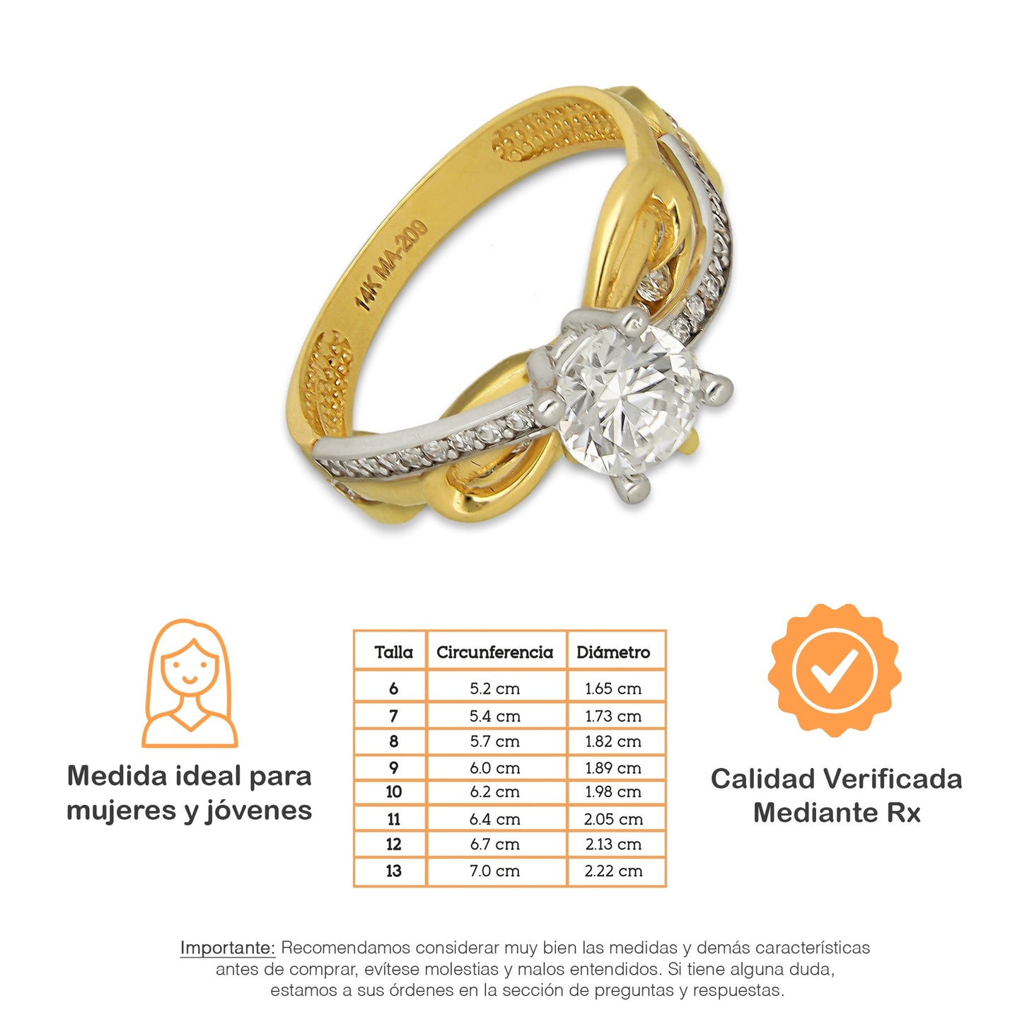 MR14AD029 Anillo Dama Solitario Oro Sólido 14K Modelo Ribbon 6 mm Zirconia Principal