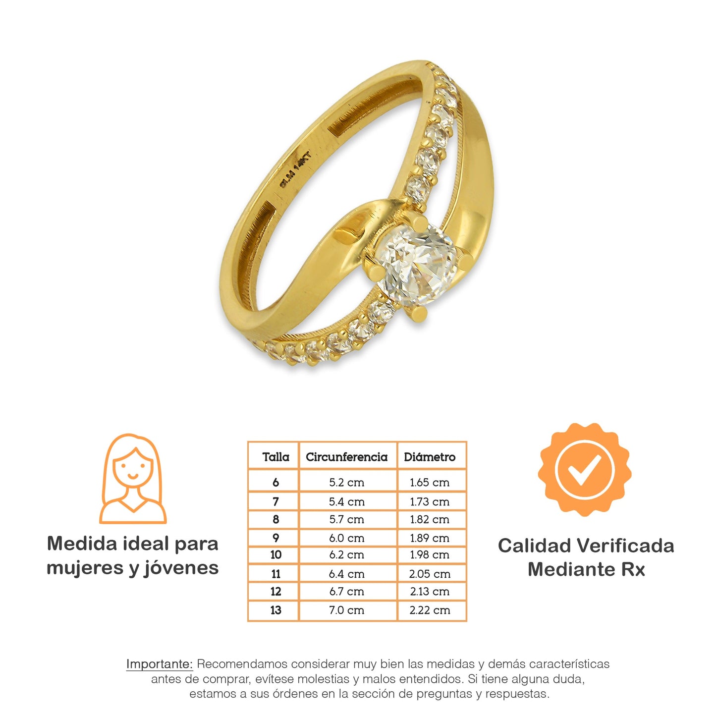MR14AD030 Anillo Dama Solitario Oro Sólido 14K Modelo ADN Plano 5 mm Zirconia Principal