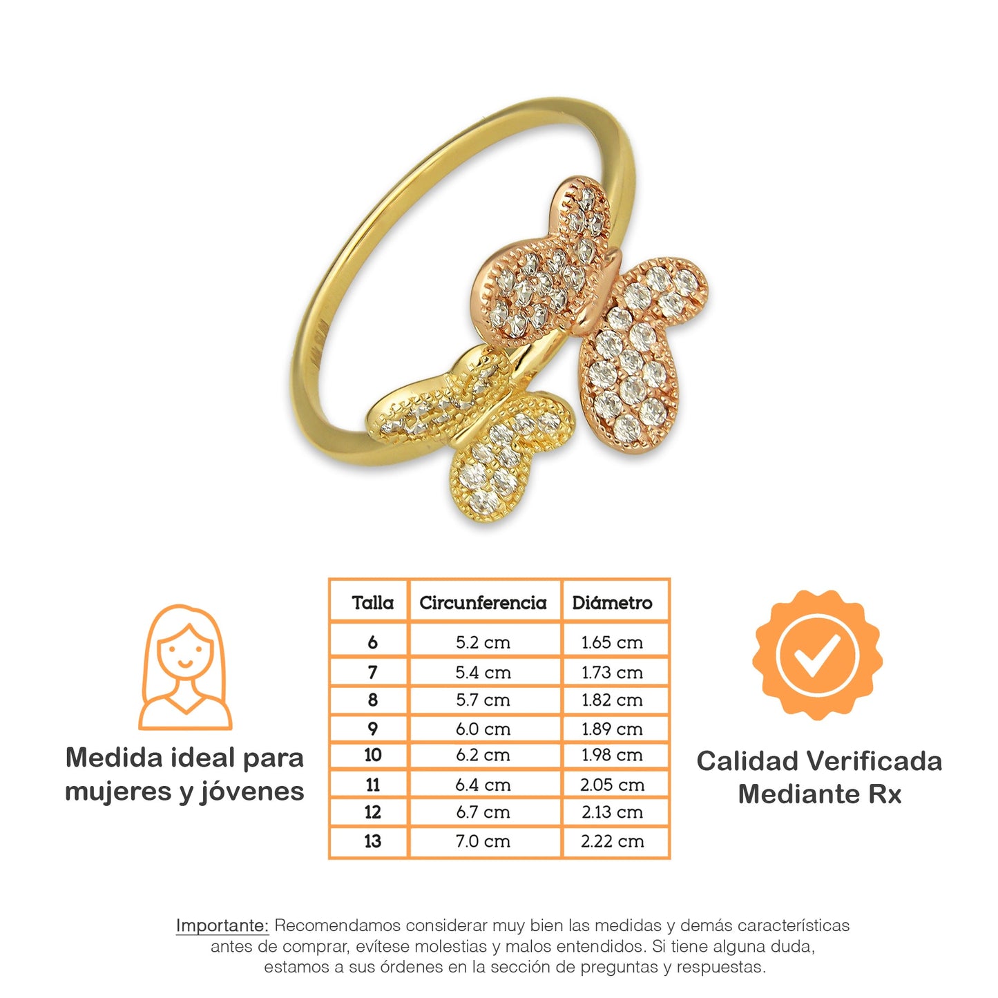 MR14AD032 Anillo Dama Oro Sólido 14K Modelo 2 Mariposas Rosa y Amarilla con Zirconias