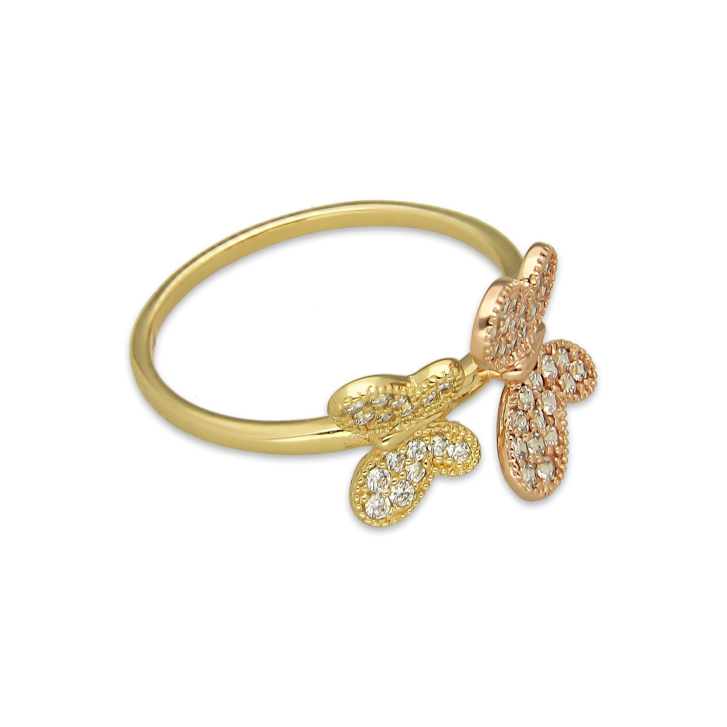MR14AD032 Anillo Dama Oro Sólido 14K Modelo 2 Mariposas Rosa y Amarilla con Zirconias