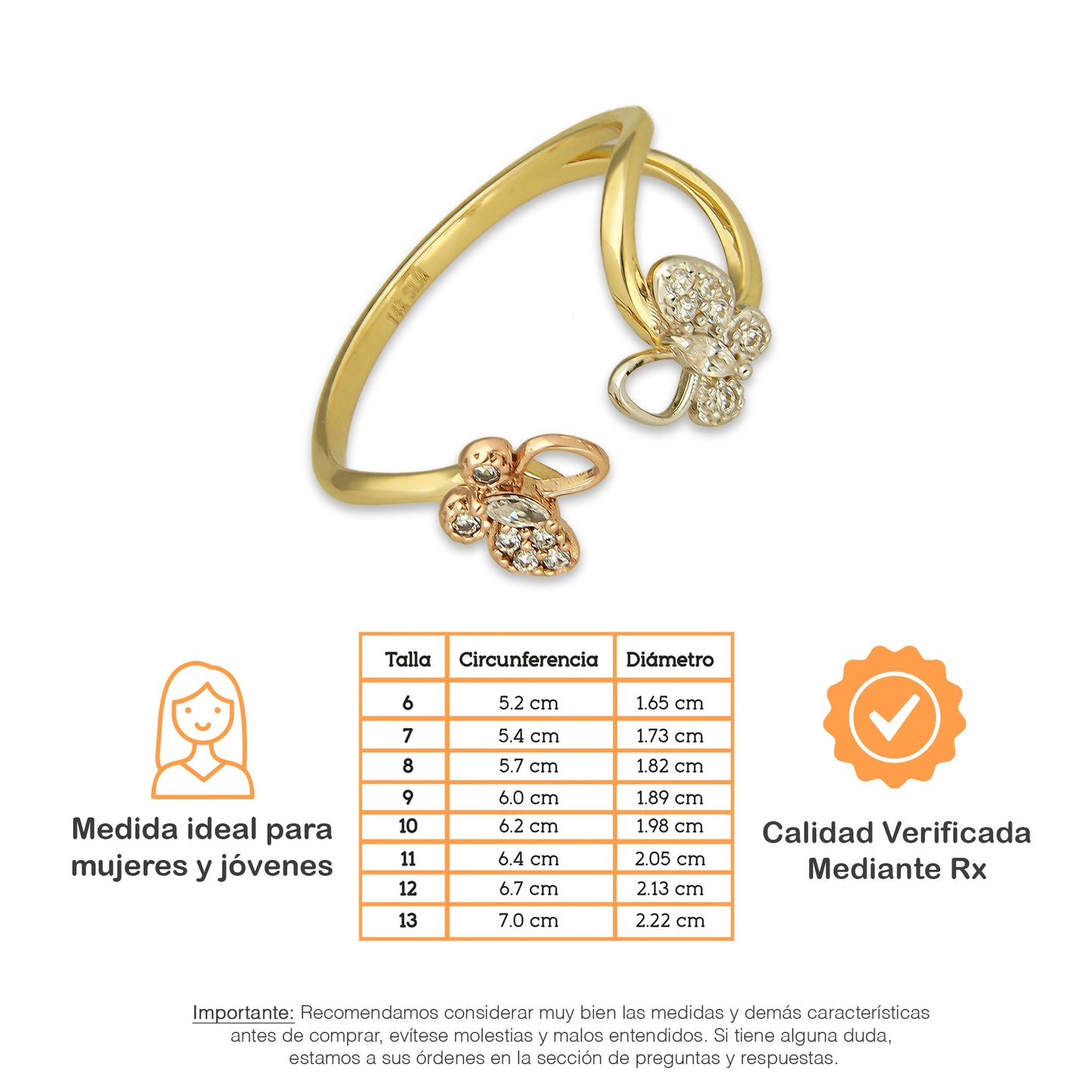 MR14AD033 Anillo Dama Oro Sólido 14K Modelo Onda 2 Mariposas Rosa y Blanca con Zirconias