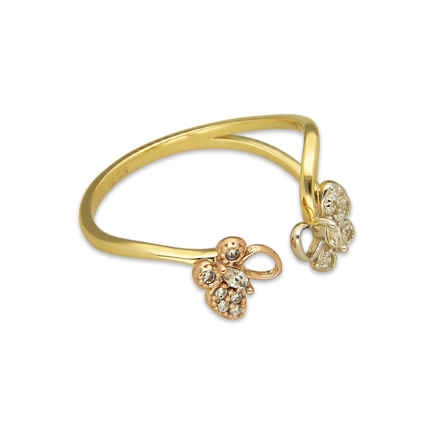 MR14AD033 Anillo Dama Oro Sólido 14K Modelo Onda 2 Mariposas Rosa y Blanca con Zirconias