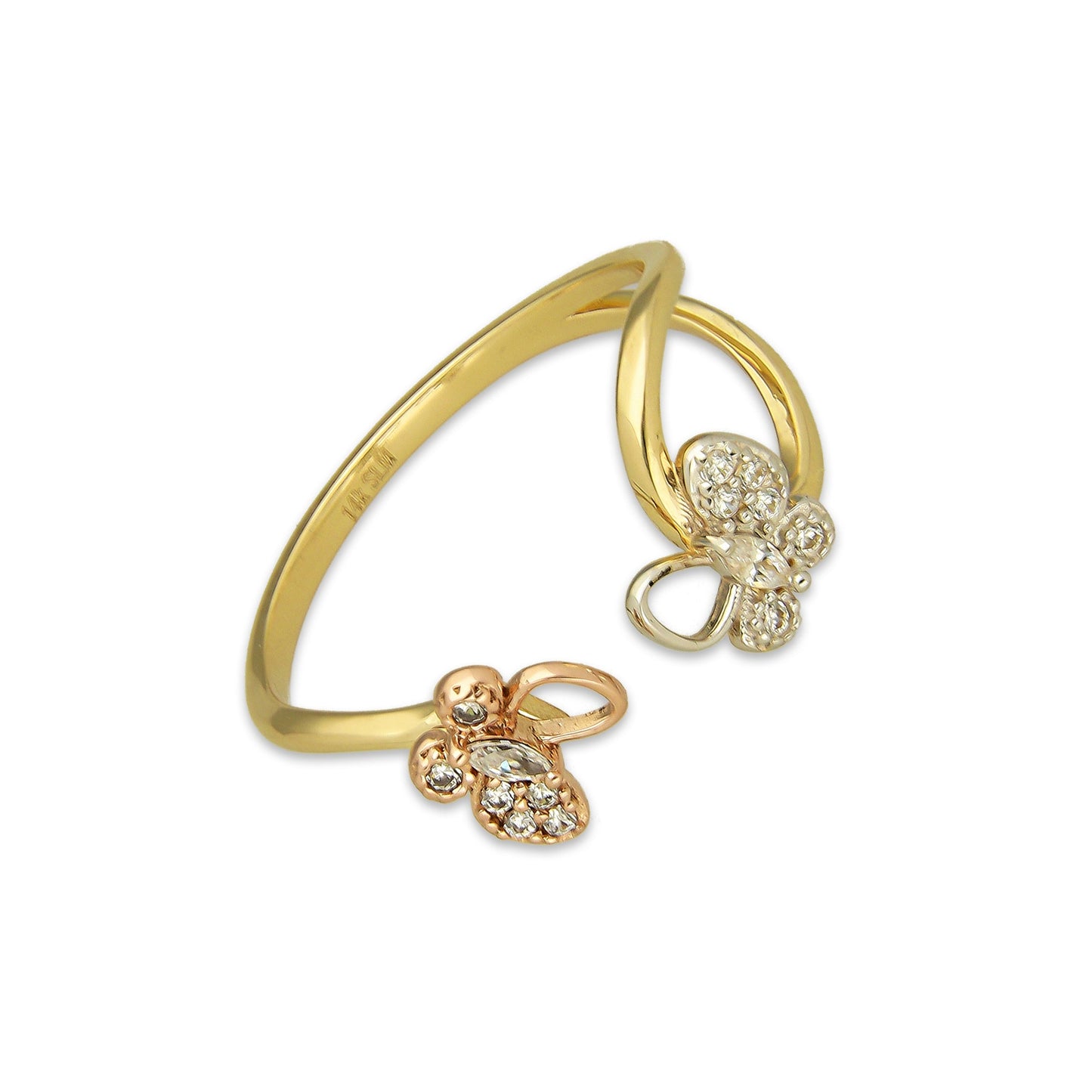 MR14AD033 Anillo Dama Oro Sólido 14K Modelo Onda 2 Mariposas Rosa y Blanca con Zirconias
