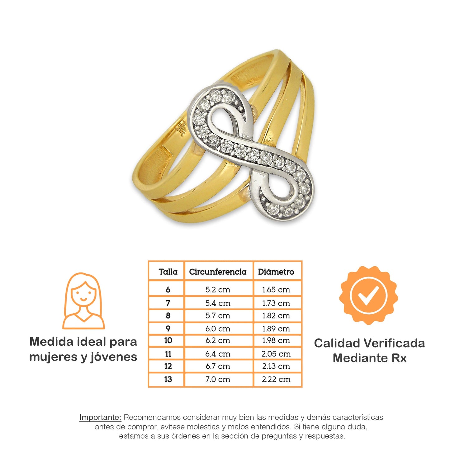MR14AD036 Anillo Dama Oro Sólido 14K Modelo Infinito Vertical con Zirconias