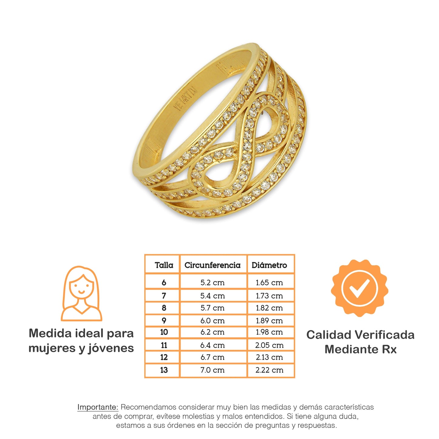 MR14AD037 Anillo Dama Oro Sólido 14K Modelo Infinito 3 Lineas con Zirconias