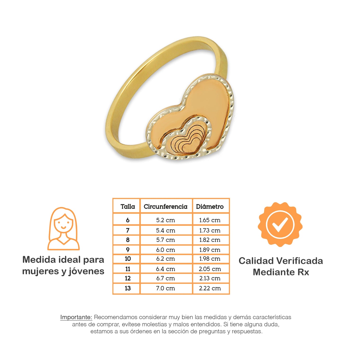 MR14AD038 Anillo Dama Oro Sólido 14K Modelo Corazón Espejo con Mini Corazón