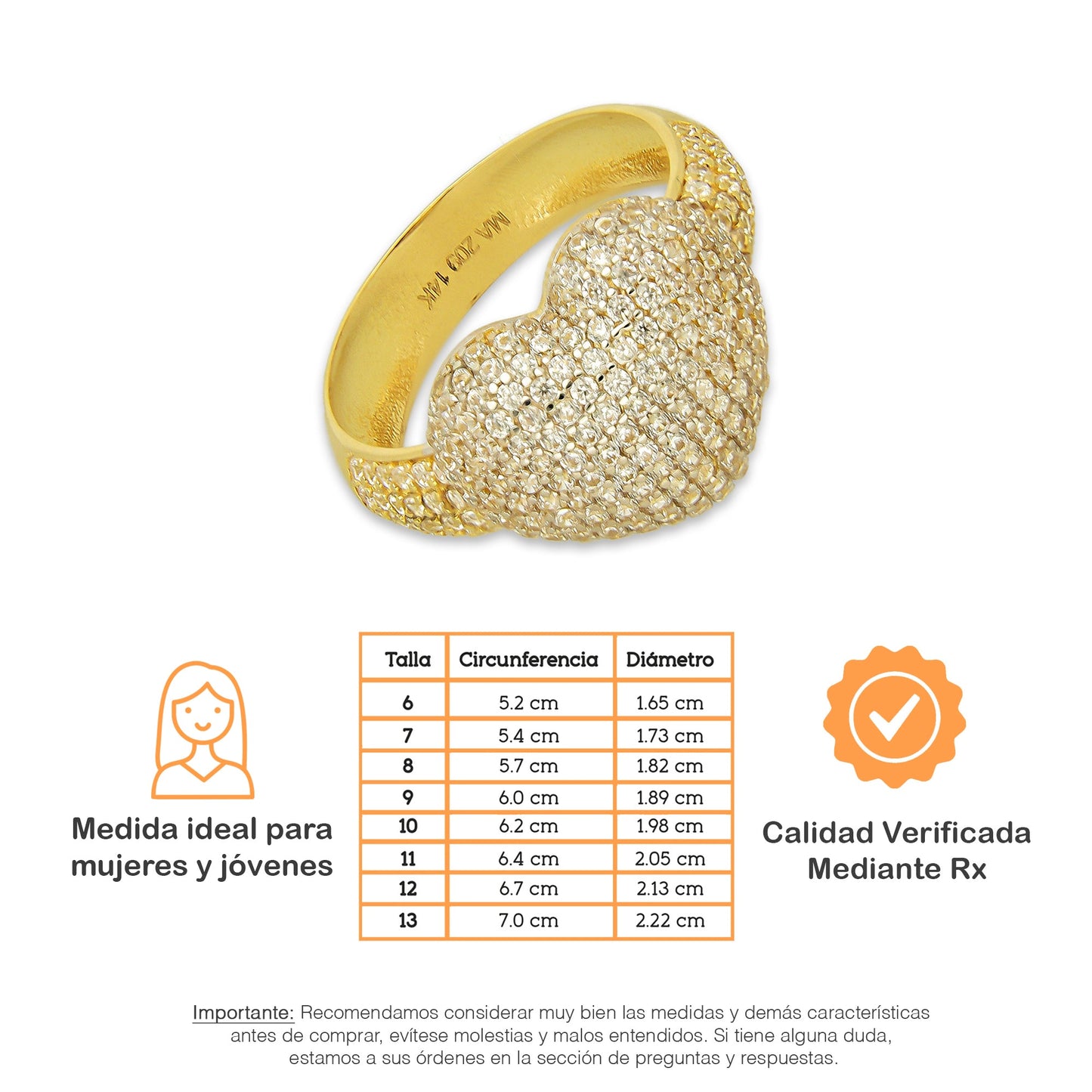 MR14AD039 Anillo Dama Oro Sólido 14K Modelo Corazón Bombeado Pavé