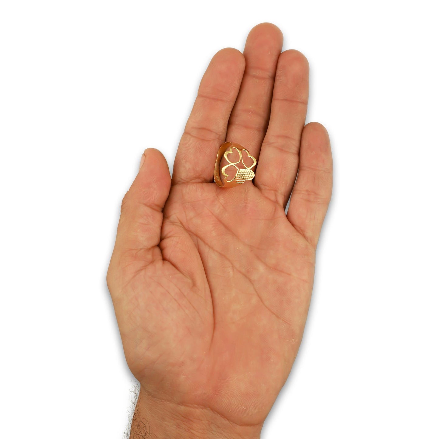 MR14AD040 Anillo Dama Oro Sólido 14K Modelo Trébol 4 Corazones 3 Calados 1 Diamantado