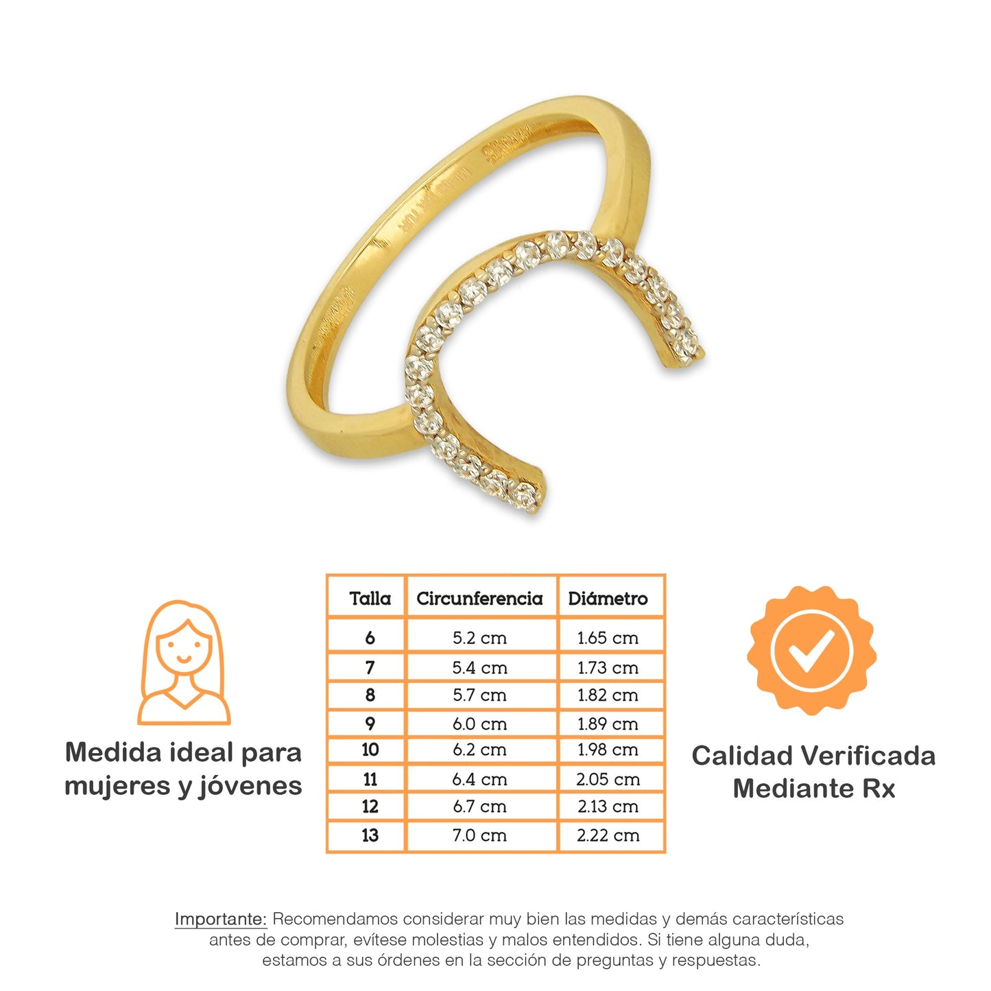 MR14AD043 Anillo Dama Oro Sólido 14K Modelo Herradura Sencilla Con Zirconia