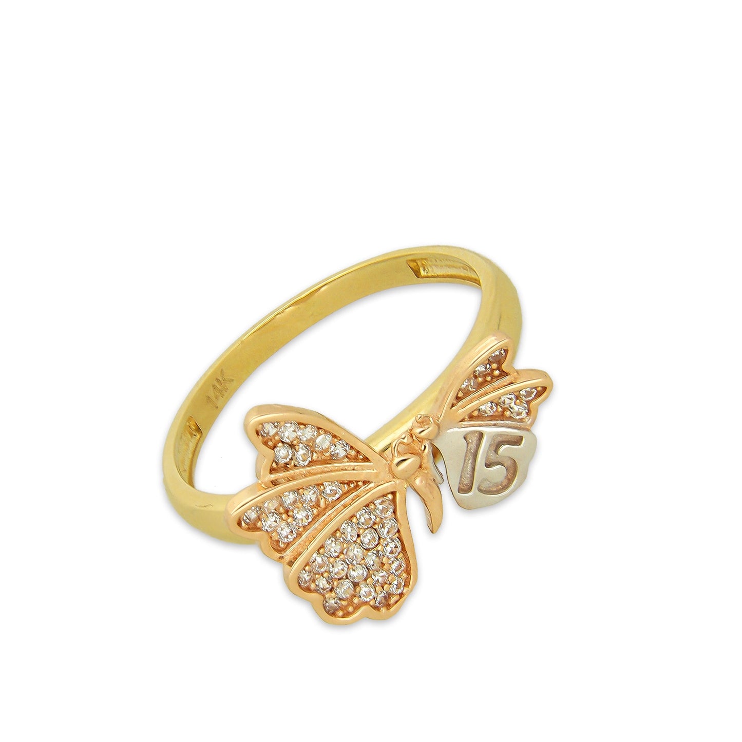 MR14AD045 Anillo Dama Oro Sólido 14K Modelo XV Años Mariposa
