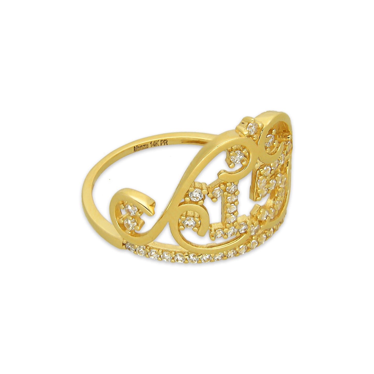 MR14AD046 Anillo Dama Oro Sólido 14K Modelo XV Años Número con Zirconias