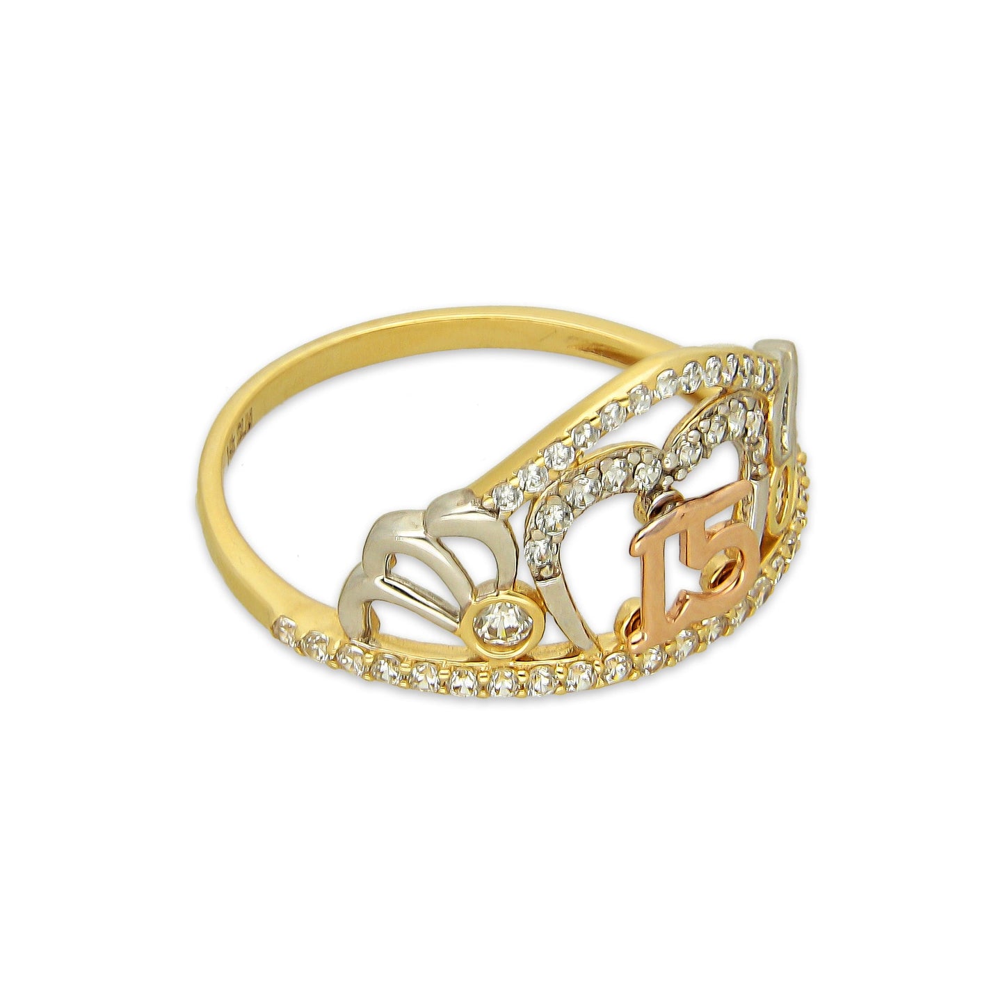 MR14AD047 Anillo Dama Oro Sólido 14K Modelo XV Años Corazón con Zirconias