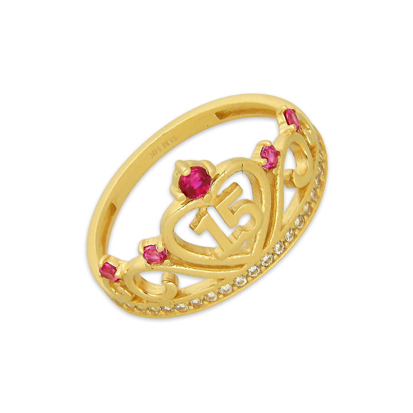 MR14AD049 Anillo Dama Oro Sólido 14K Modelo XV Años con Zirconias Rojas