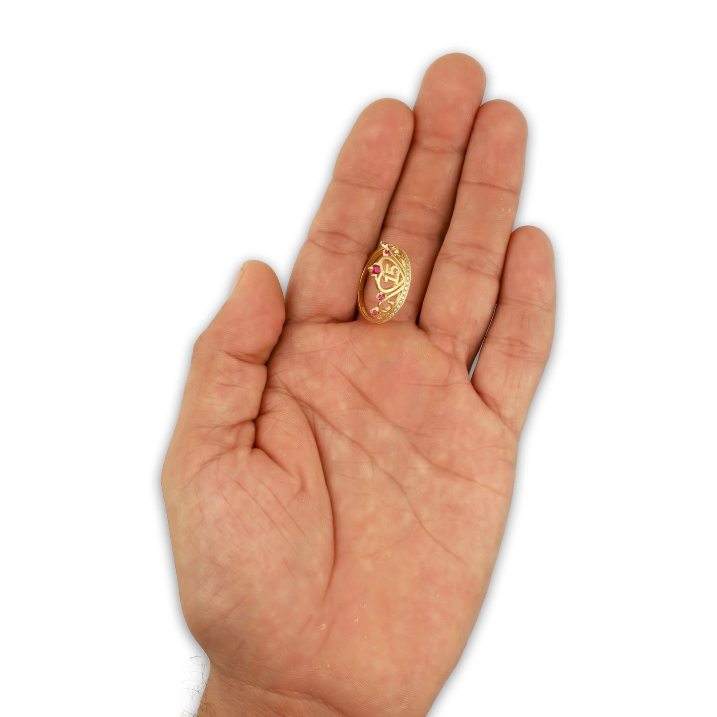 MR14AD049 Anillo Dama Oro Sólido 14K Modelo XV Años con Zirconias Rojas