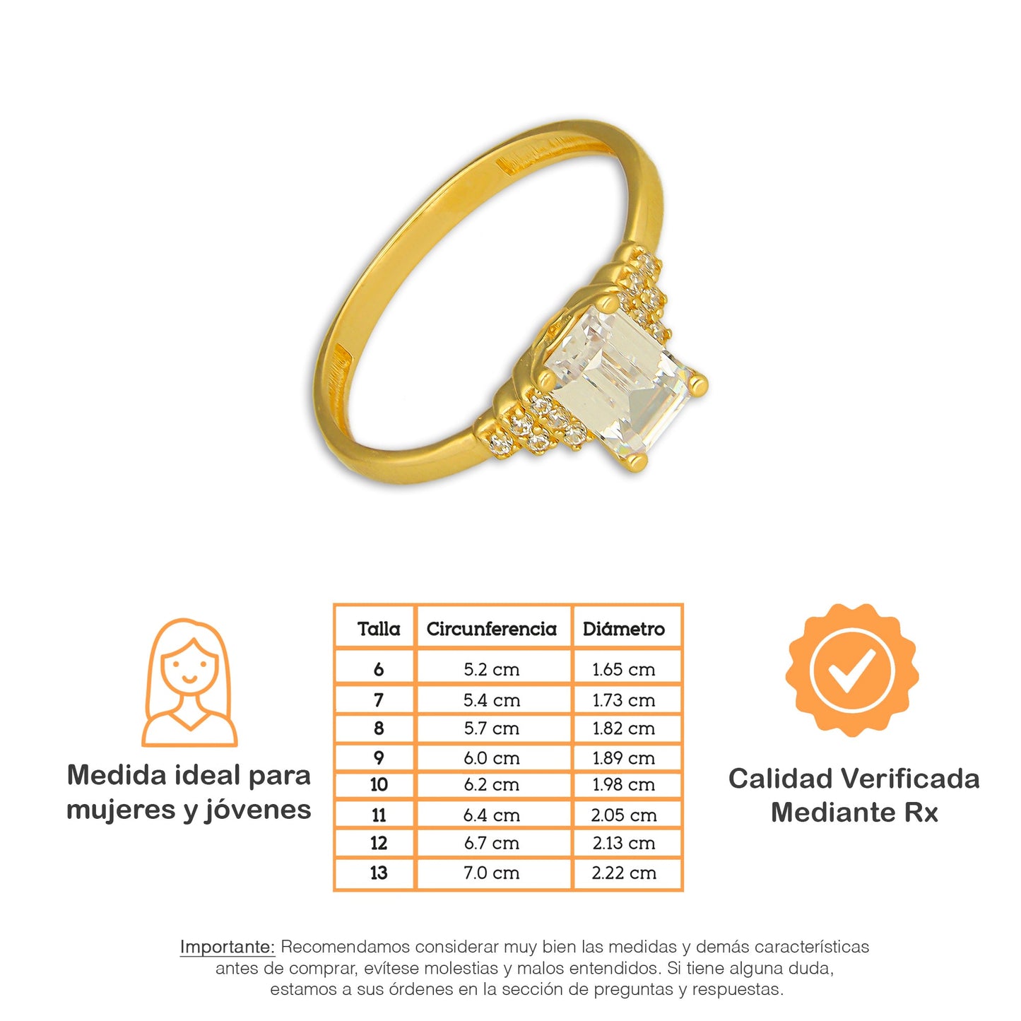 MR14AD055 Anillo Dama Oro Sólido 14K Modelo Solitario Rectángulo Pirámide 7 mm Zirconia Principal