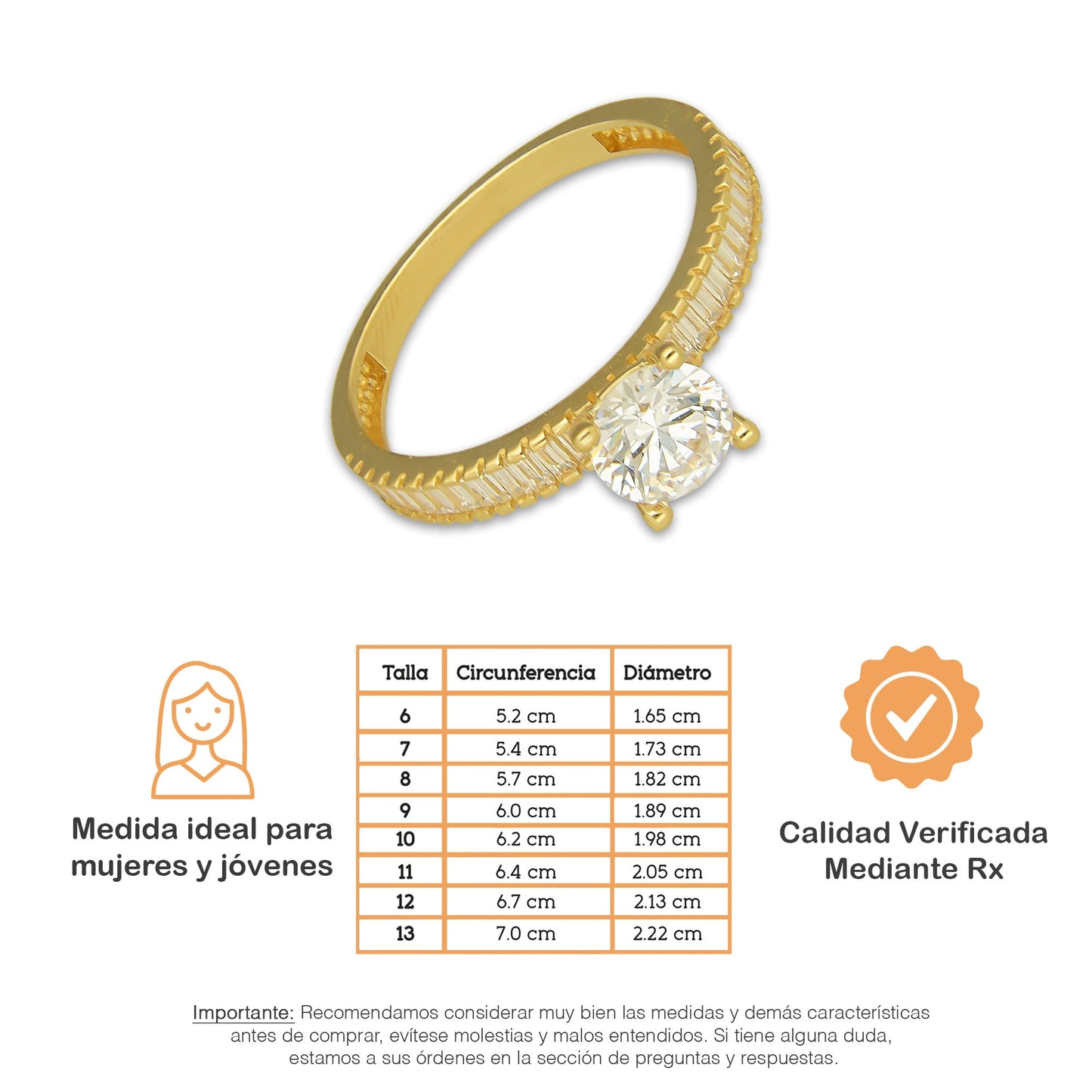 MR14AD058 Anillo Dama Oro Sólido 14K Modelo Solitario Línea Baguettes 6 mm Zirconia Principal