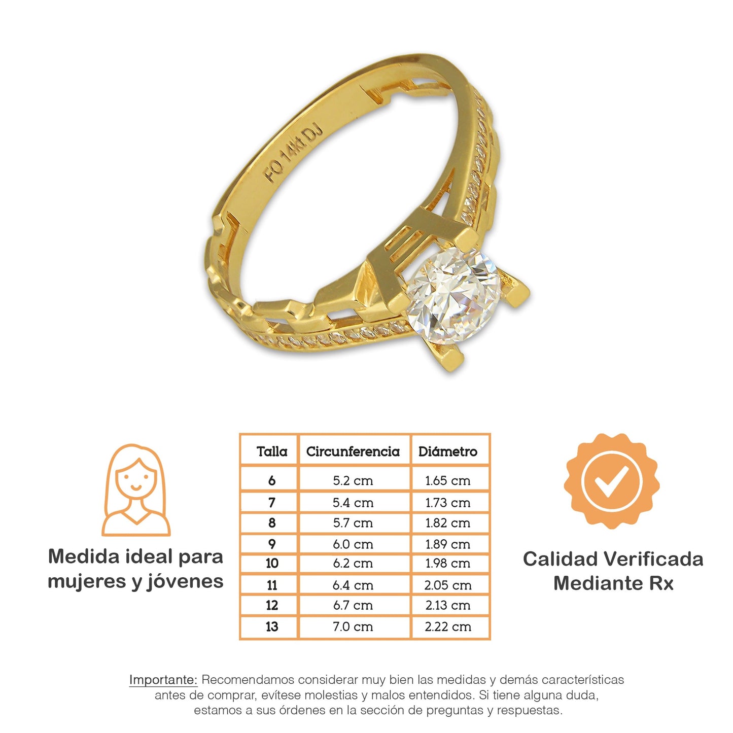 MR14AD059 Anillo Dama Oro Sólido 14K Modelo Solitario Chain 6 mm Zirconia Principal