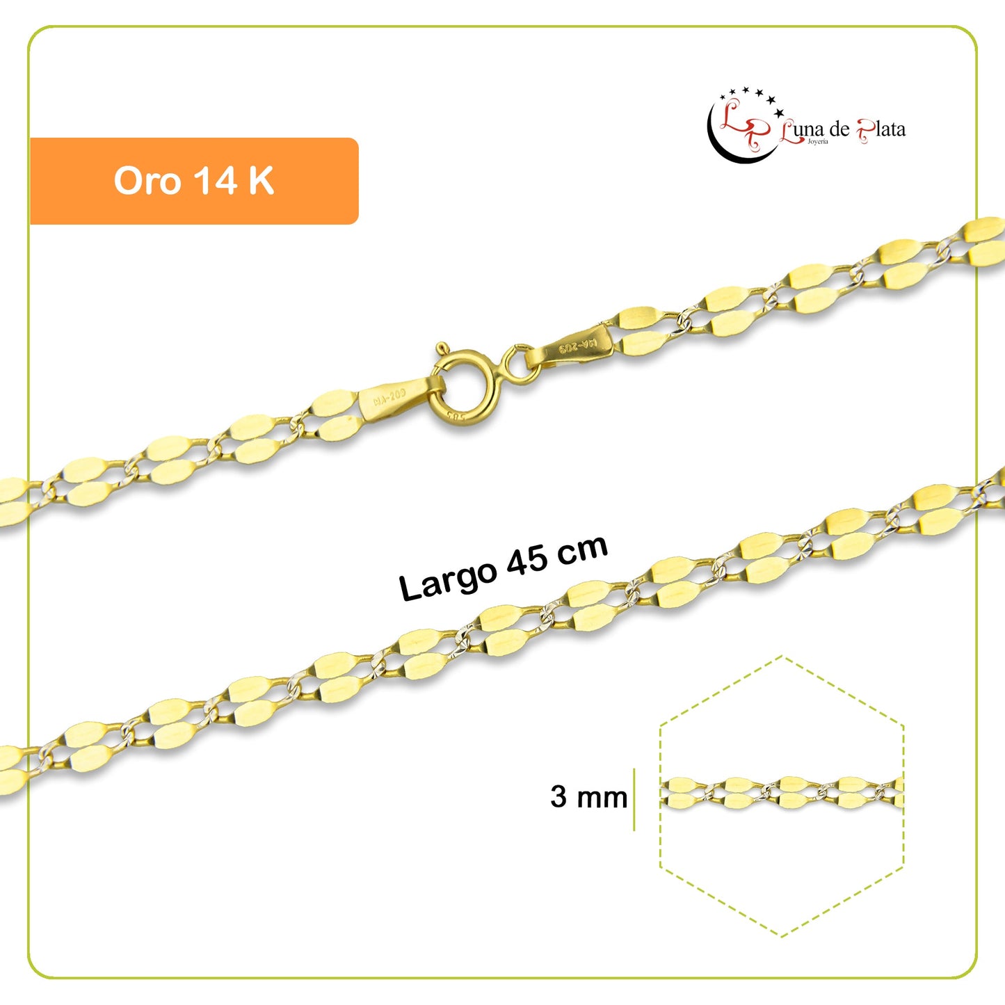 MR14CU019-45 Cadena Oro Sólido 14K EMC14 Modelo Ancla Lisa Forjada Eslabones Largos 3 mm x 45 cm