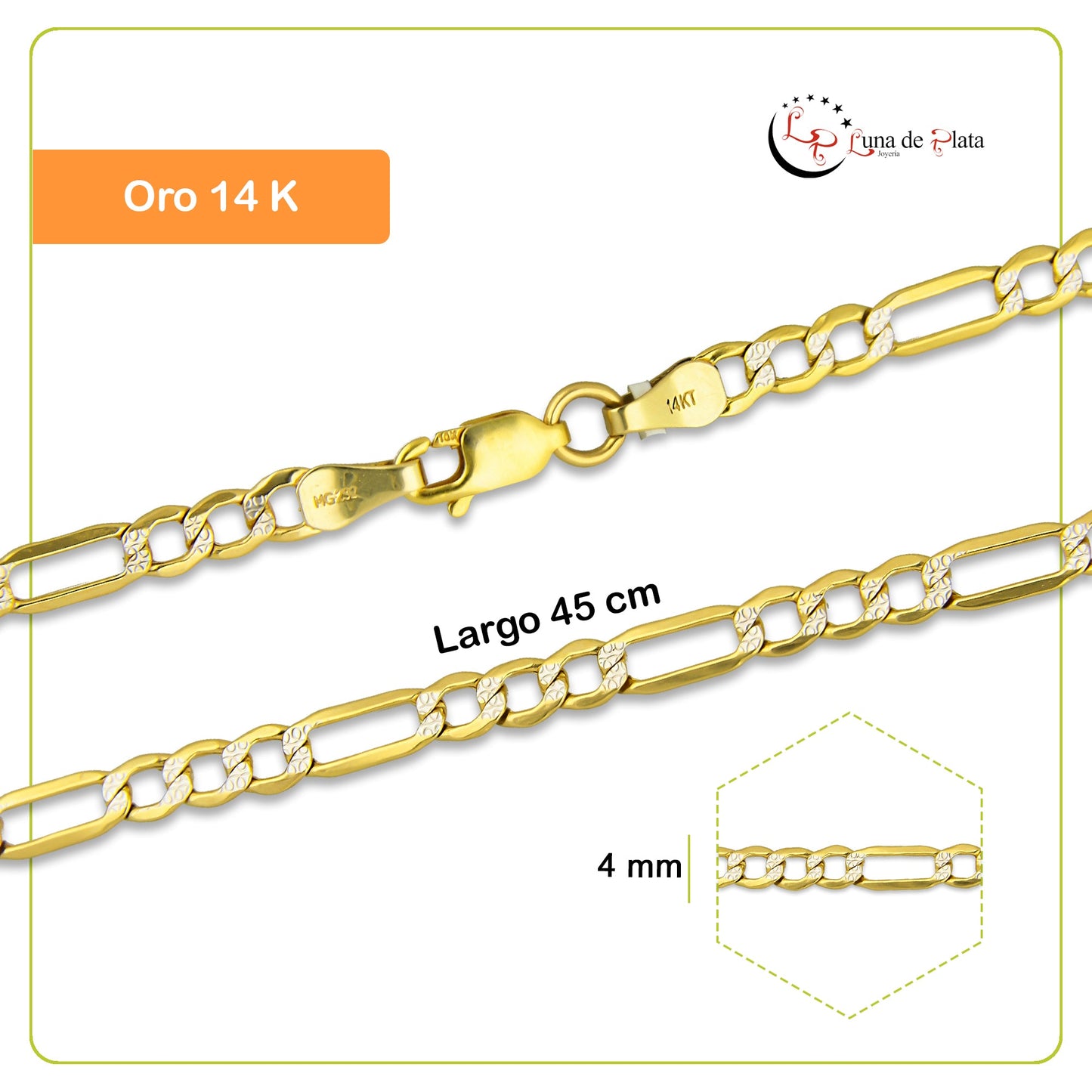 MR14CU021-45 Cadena Oro Sólido 14K EMF14 Modelo Fígaro 3*1 Diamantada 4 mm x 45 cm