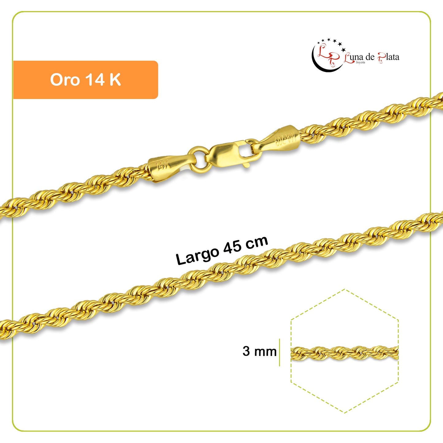 MR14CU022-45 Cadena Oro Sólido 14K EMF14 Modelo Torsal Lisa 3 mm x 45 cm