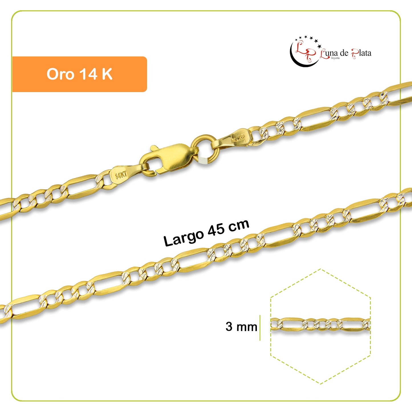 MR14CU024-45 Cadena Oro Sólido 14K EMF14 Modelo Fígaro 3*1 Diamantada 3 mm x 45 cm