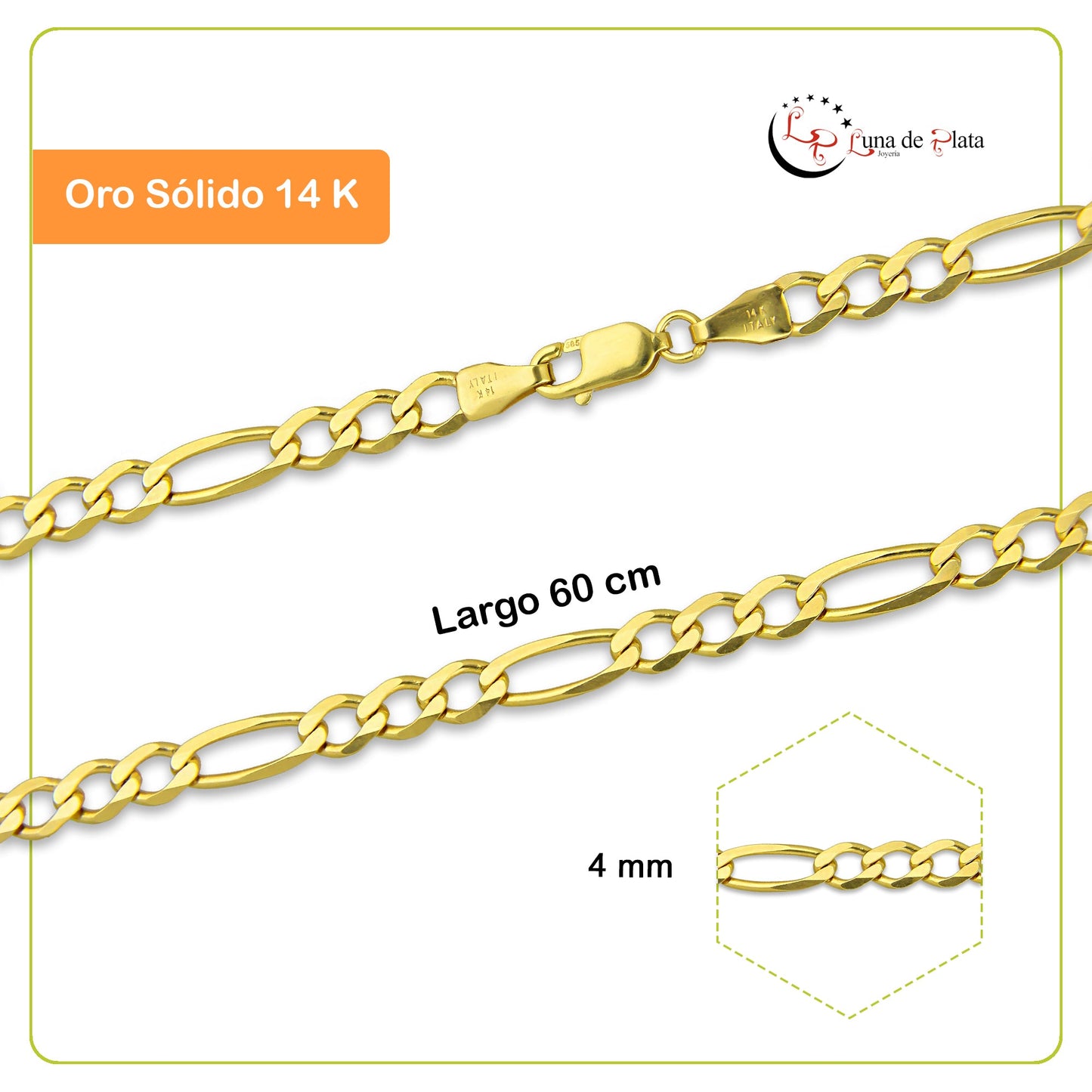 MR14CU029-60 Cadena Oro Sólido 14K Modelo Figaro 3*1 4 mm x 60 cm