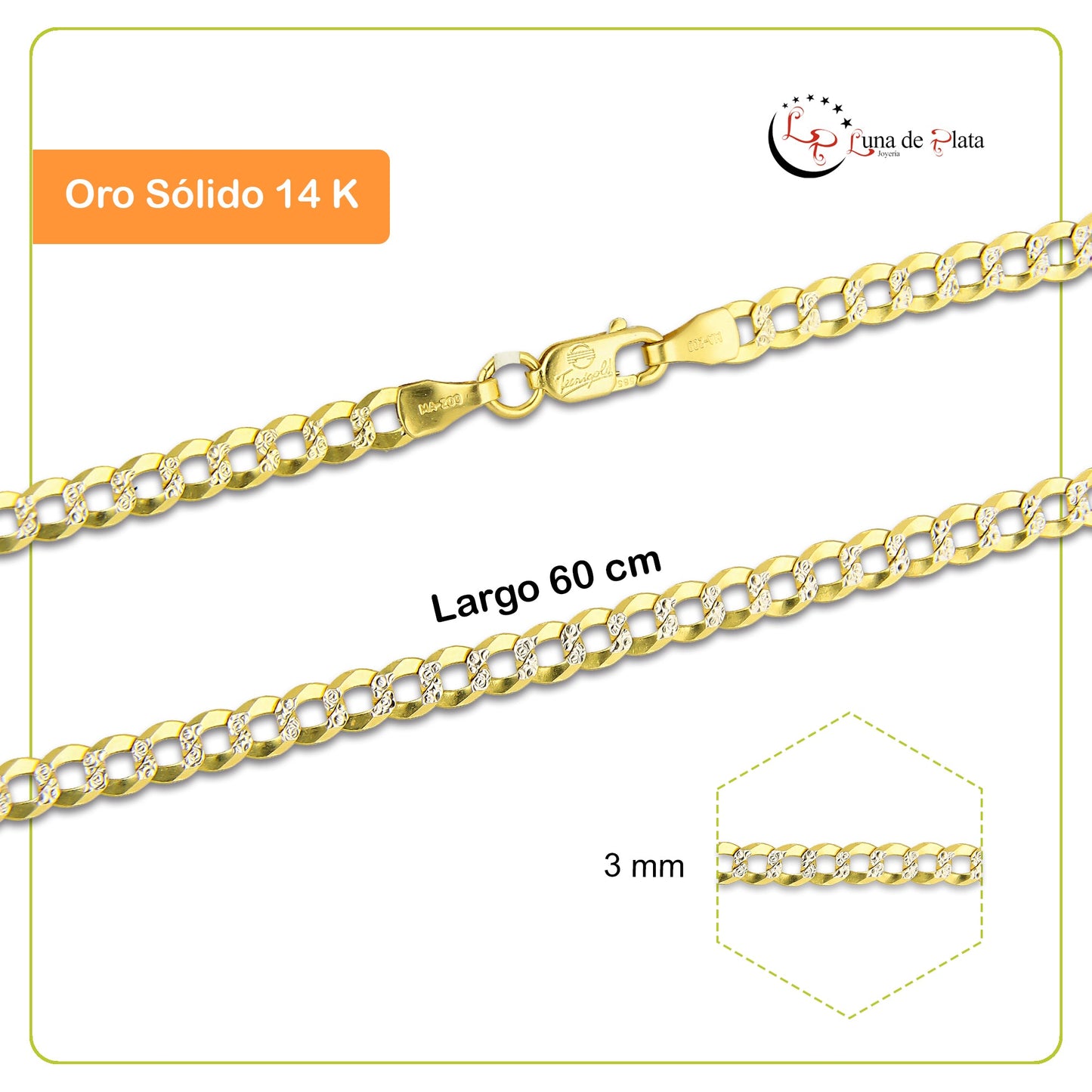 MR14CU044-60 Cadena Oro Sólido 14K EMC14 Modelo Fígaro 1x0 Diamantada 3 mm x 60 cm