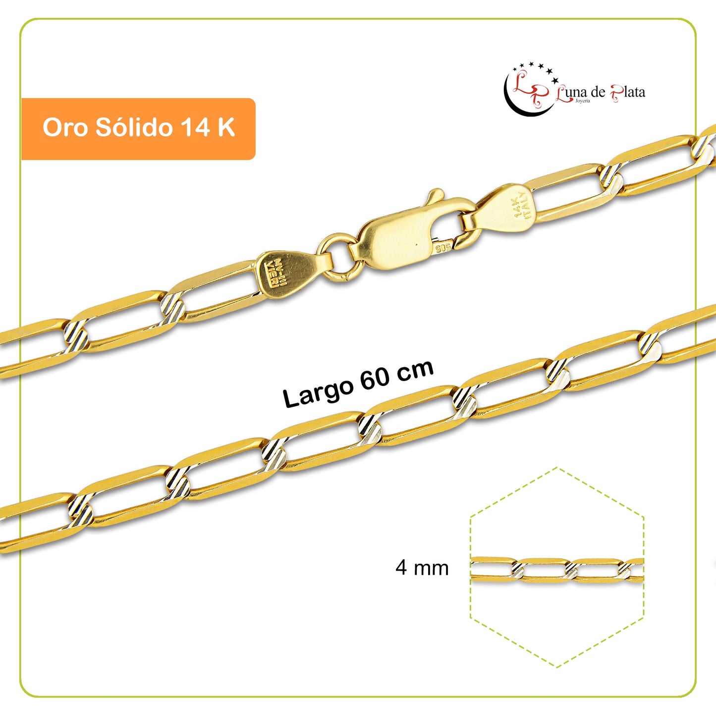 MR14CU046-60 Cadena Oro Sólido 14K EMC14 Modelo Ojillo Diamantada 0X1 4 mm x 60 cm