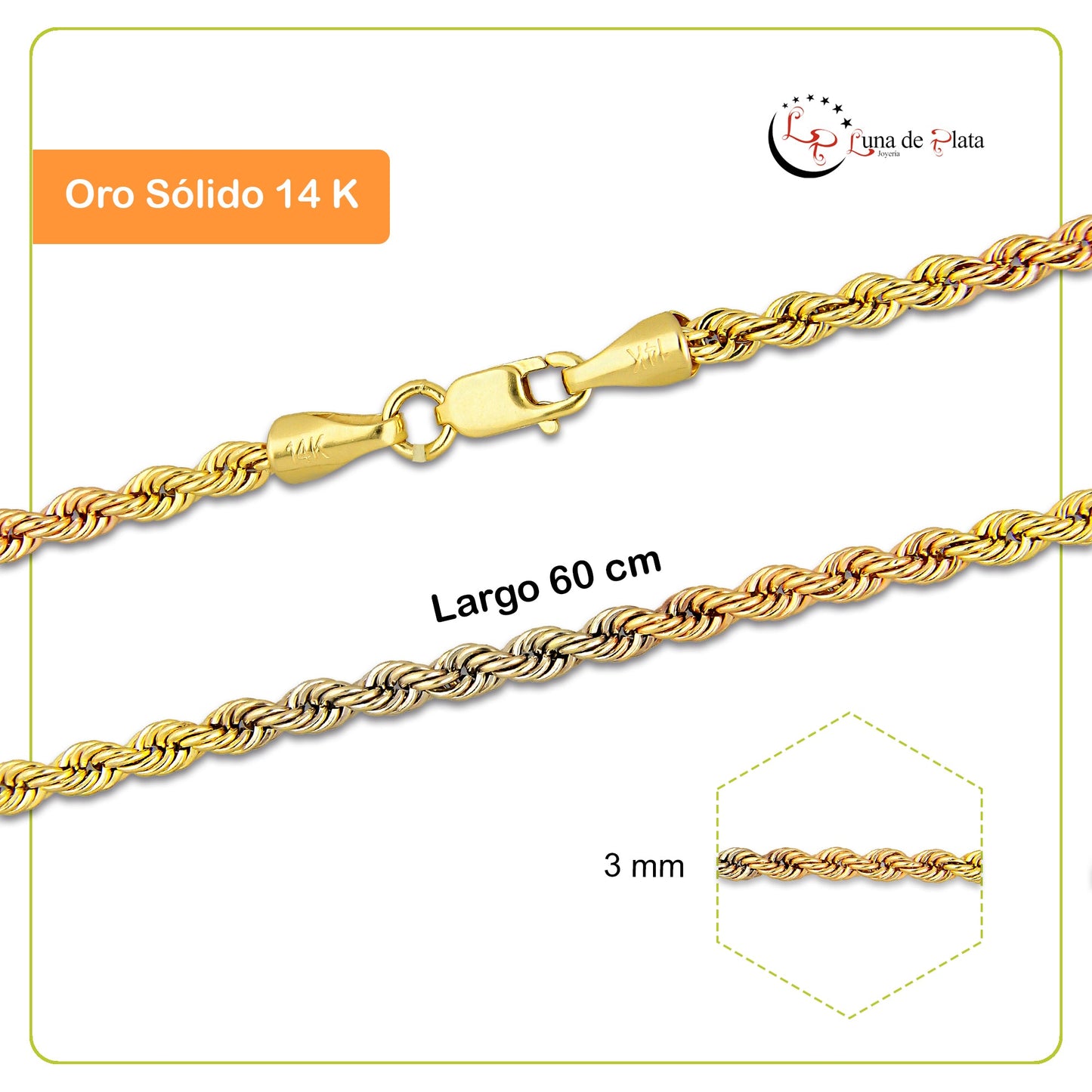 MR14CU047-60 Cadena Oro Sólido 14K EMF14 Modelo Torsal Florentino 3 mm x 60 cm