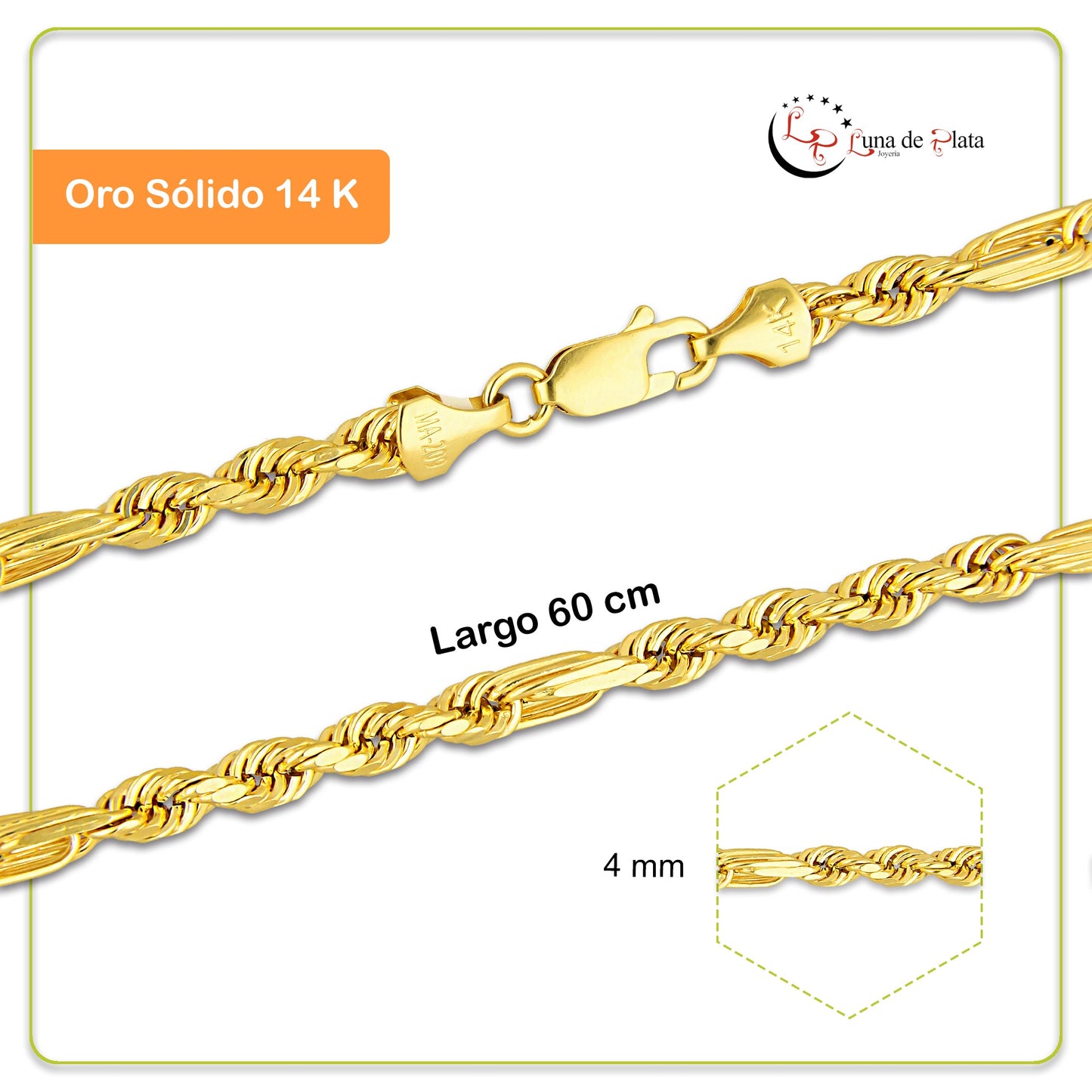 MR14CU049-60 Cadena Oro Sólido 14K EMF14 Modelo Torsal Figaro 4 mm x 60 cm