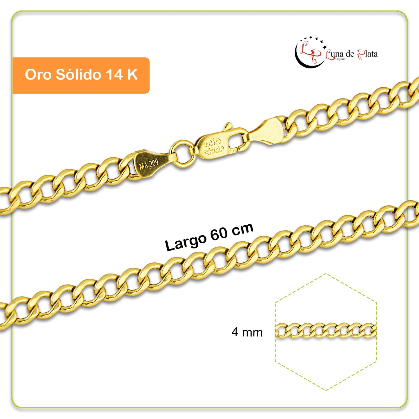 MR14CU051-60 Cadena Oro Sólido 14K EMF14 Modelo Fígaro 1x0 Lisa 4 mm x 60 cm