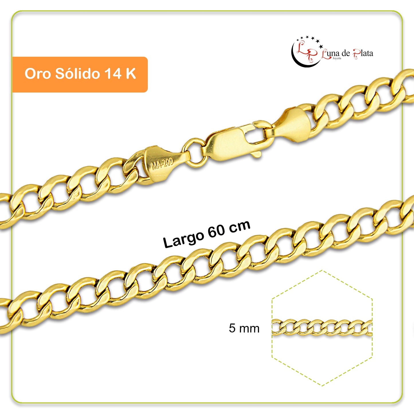 MR14CU052-60 Cadena Oro Sólido 14K EMF14 Modelo Fígaro 1x0 Lisa 5 mm x 60 cm