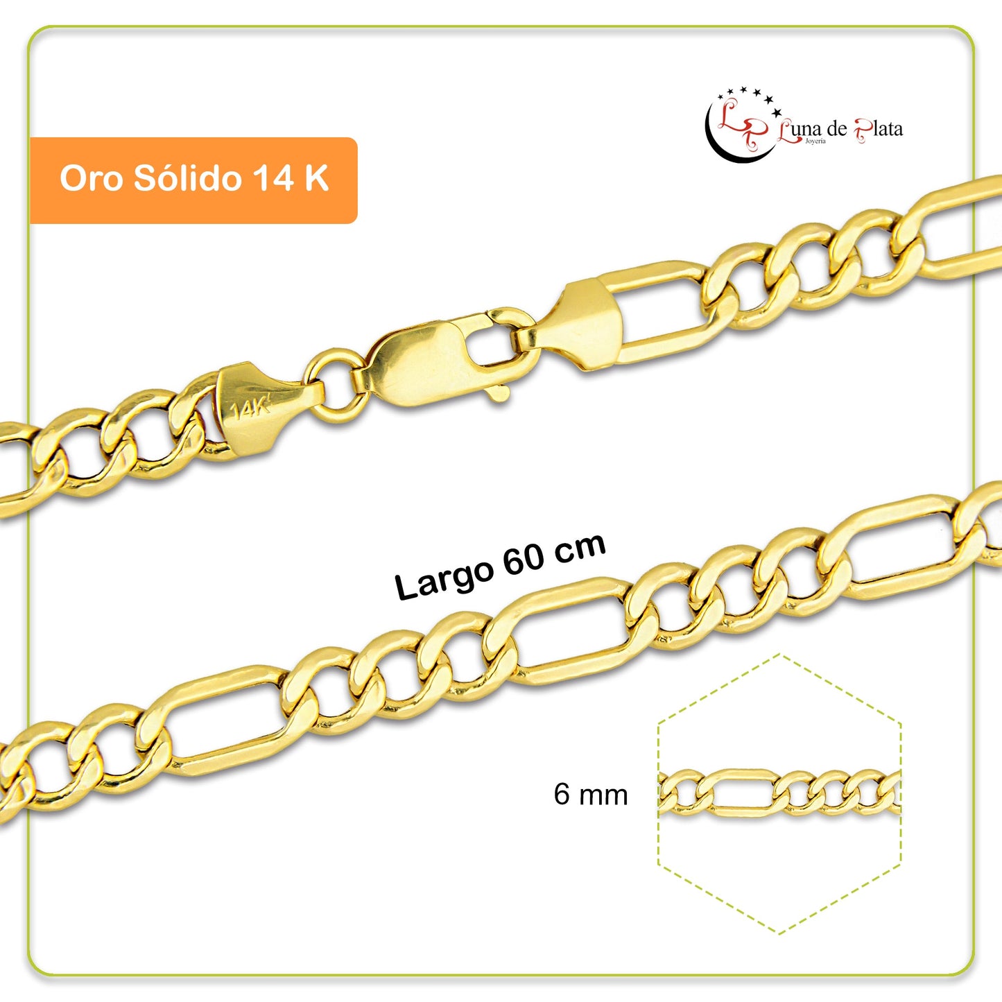 MR14CU053-60 Cadena Oro Sólido 14K EMF14 Modelo Fígaro 3*1 Lisa 6 mm x 60 cm