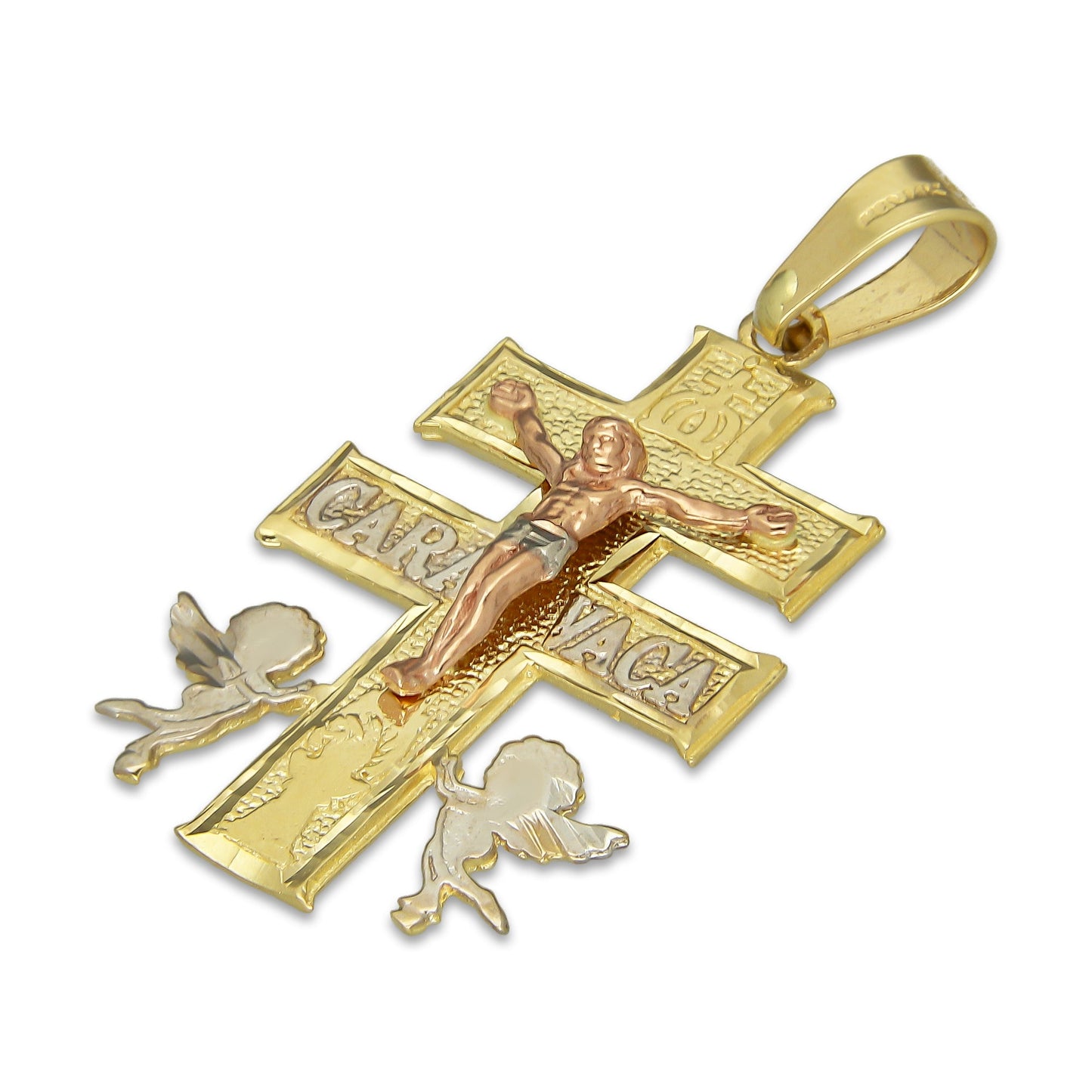 MR14DJ022 Dije Oro Sólido 14K Caravaca Cristo Cobrizo 1.8 x 3.7 cm