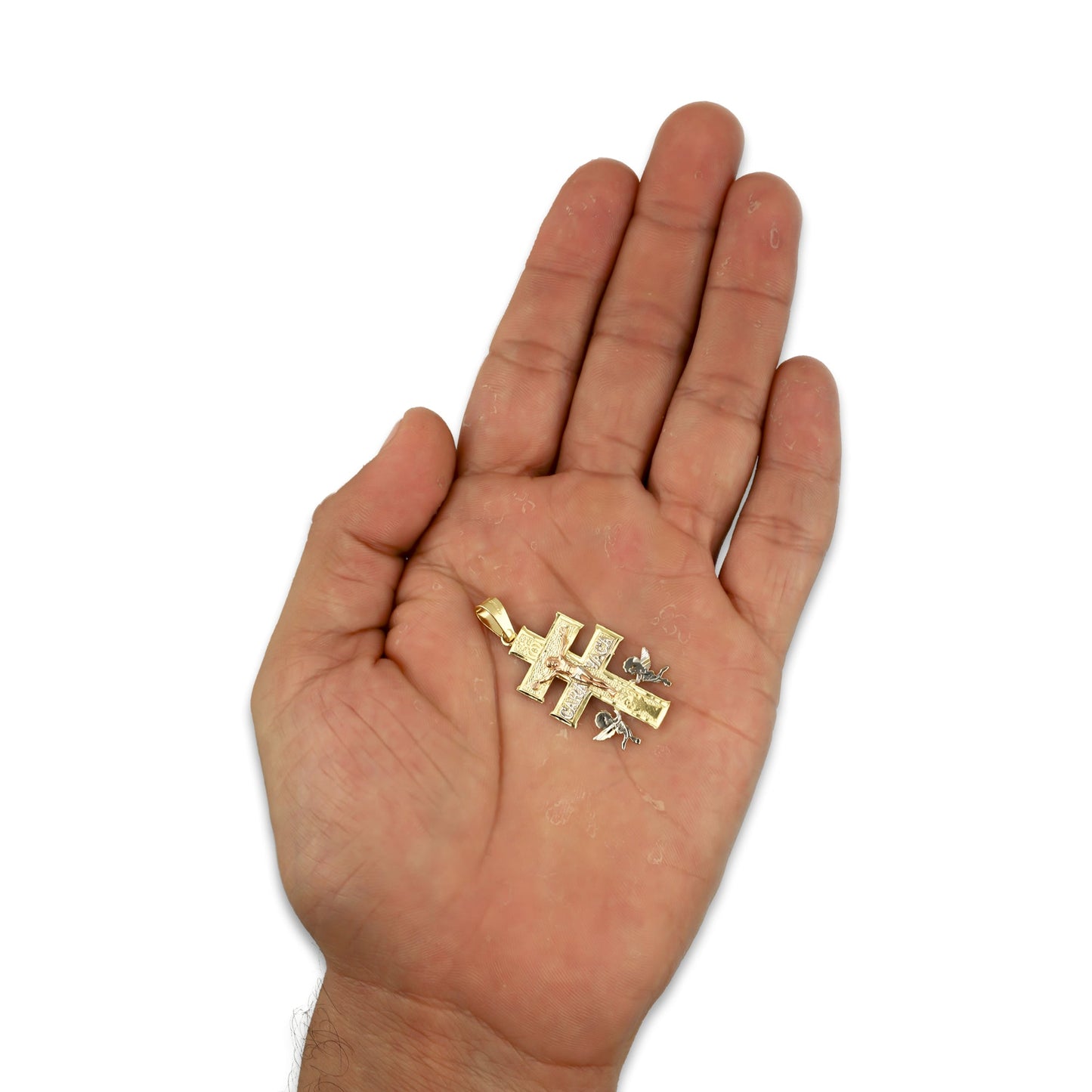 MR14DJ022 Dije Oro Sólido 14K Caravaca Cristo Cobrizo 1.8 x 3.7 cm