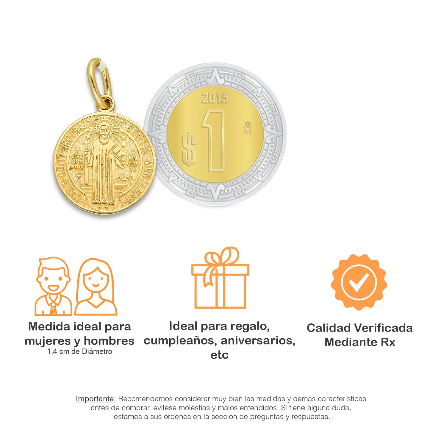 MR14DJ112 Dije Oro Sólido 14K EM Mod Medalla de San Benito Doble Vista Diámetro 1.4 cm