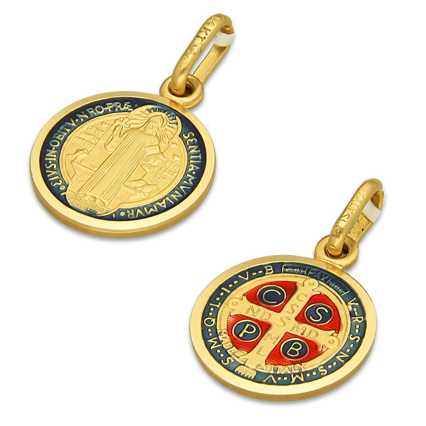 MR14DJ115 Dije Oro Sólido 14K EM Mod Medalla de San Benito Doble Vista Esmaltada Diámetro 1.3 cm