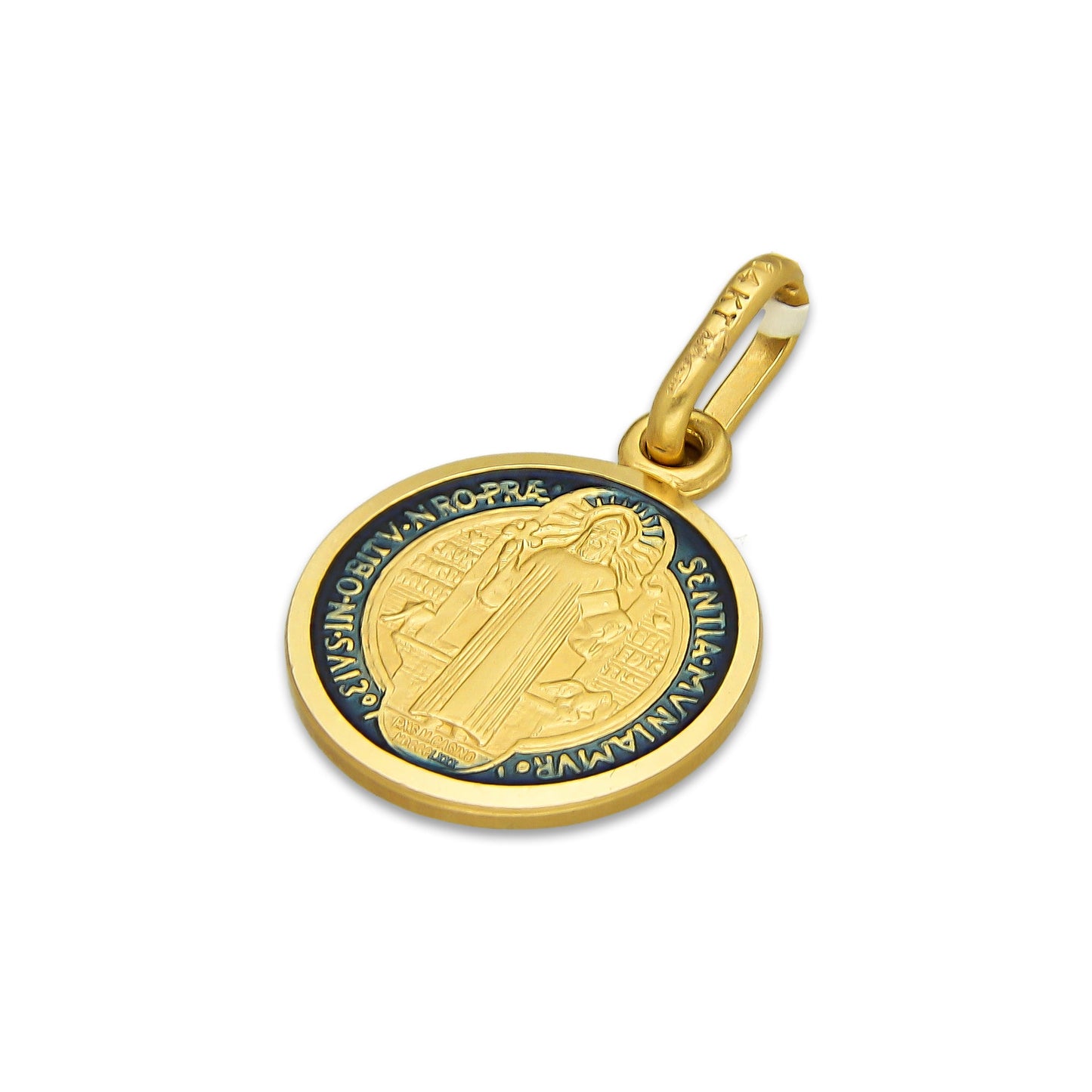 MR14DJ115 Dije Oro Sólido 14K EM Mod Medalla de San Benito Doble Vista Esmaltada Diámetro 1.3 cm