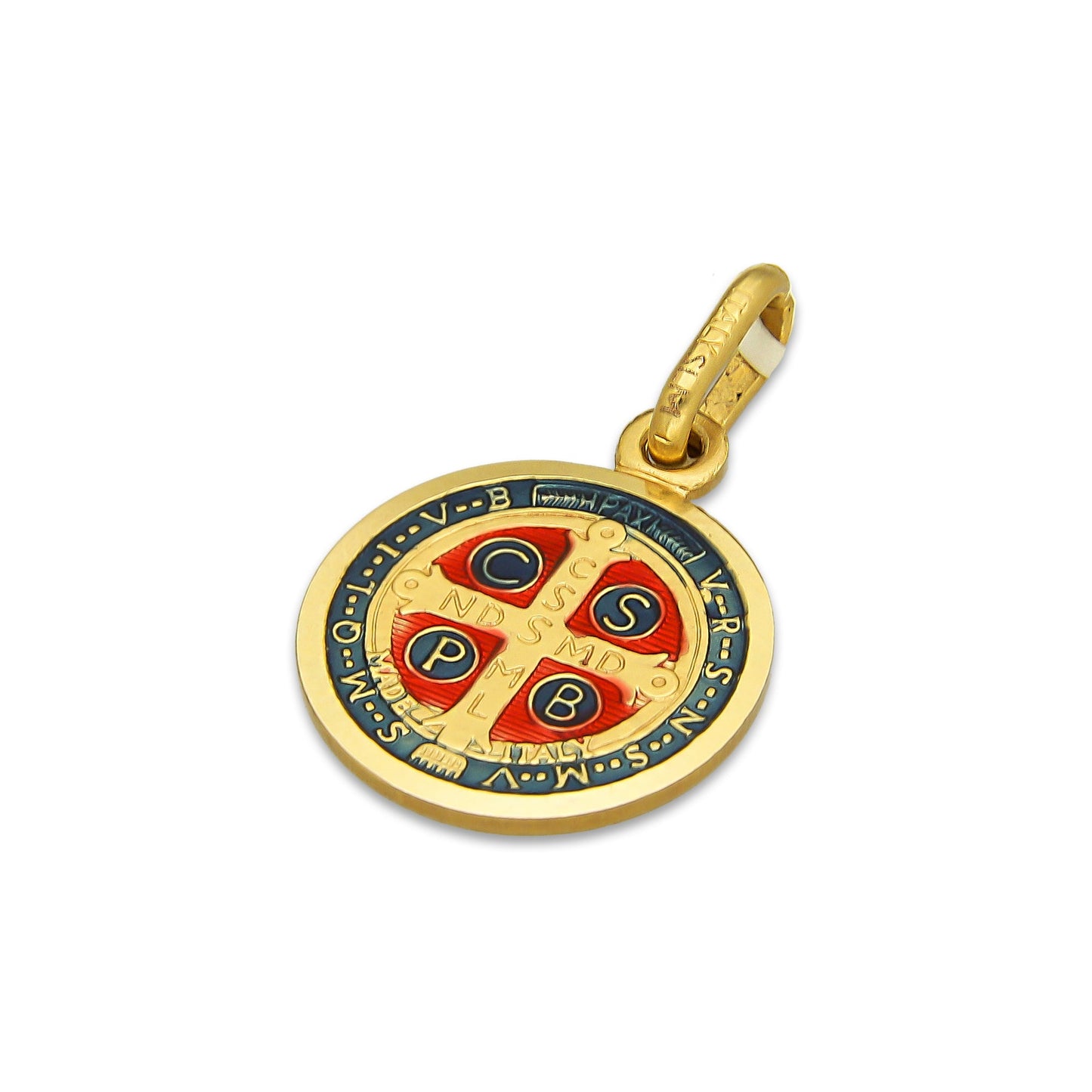 MR14DJ115 Dije Oro Sólido 14K EM Mod Medalla de San Benito Doble Vista Esmaltada Diámetro 1.3 cm