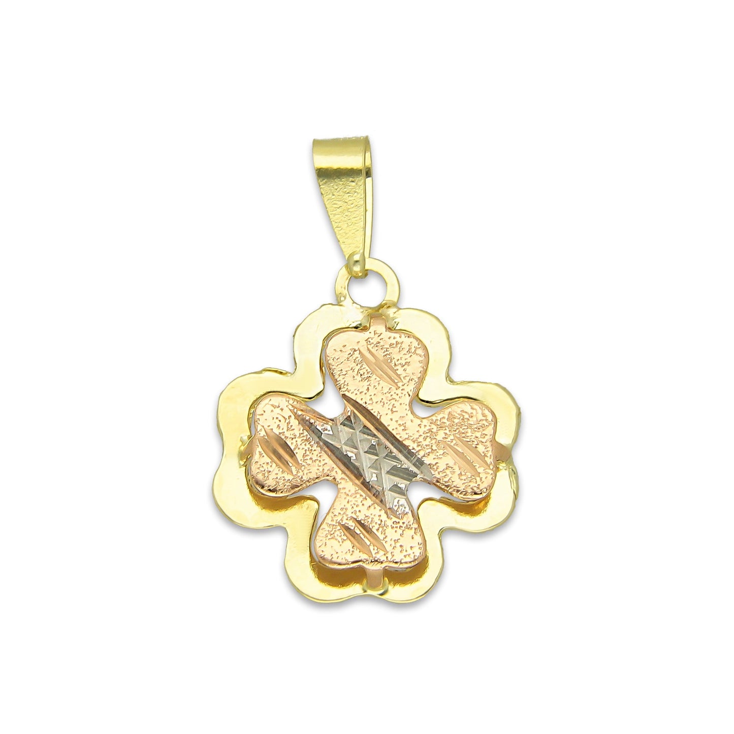 MR14DJ118 Dije Oro Sólido 14K Trébol 4 Hojas Troquelado Diamantado Florentino 1.3 cm x 2.2 cm